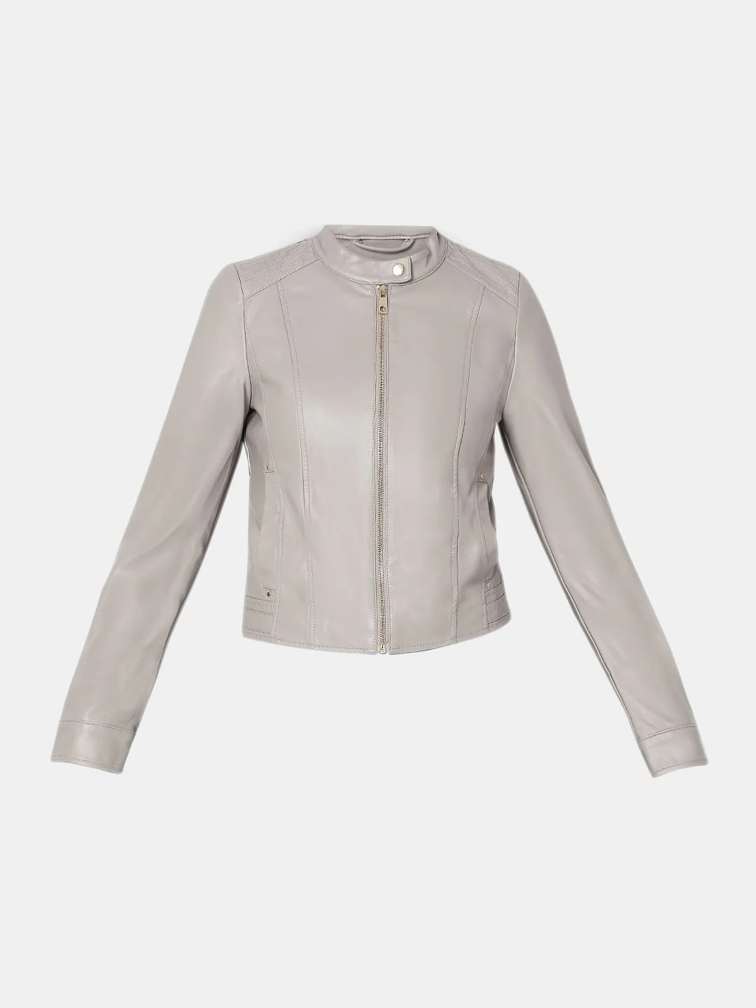 Grey Faux Leather Biker Jacket - Image 7