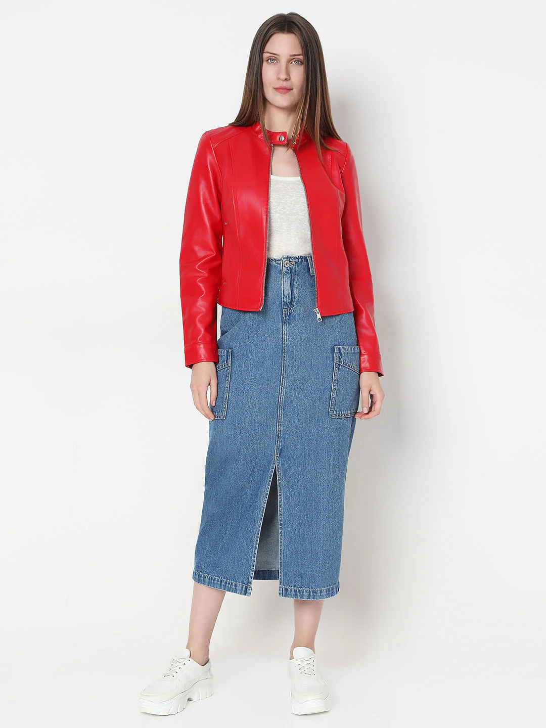 Red Faux Leather Biker Jacket - Image 5