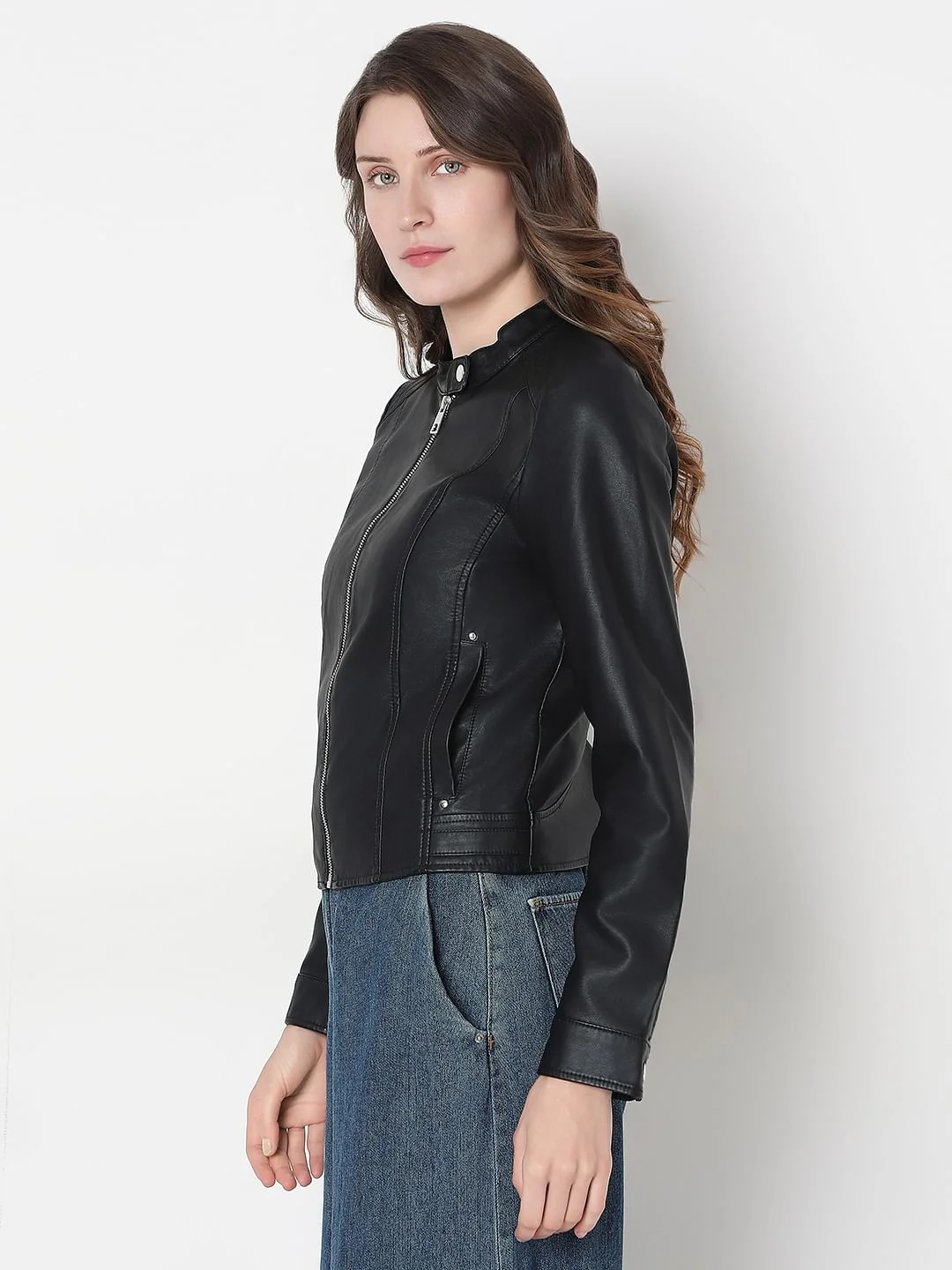 Black Faux Leather Biker Jacket - Image 3