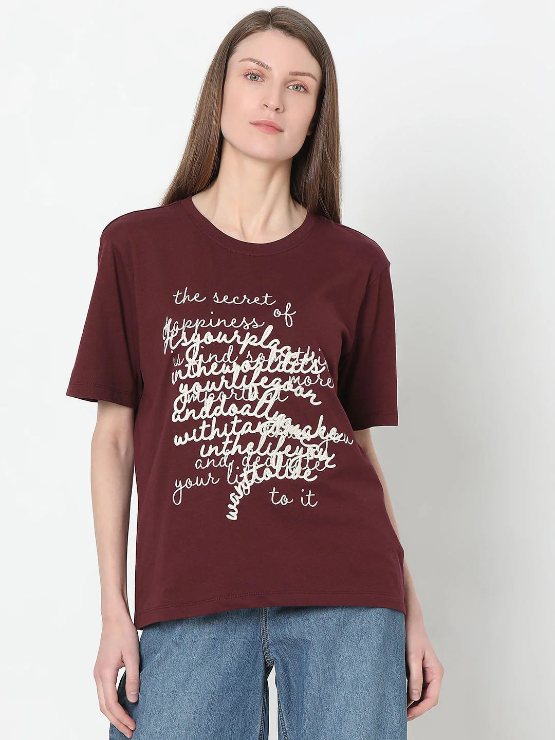 Maroon Typographic Print T-Shirt - Image 2