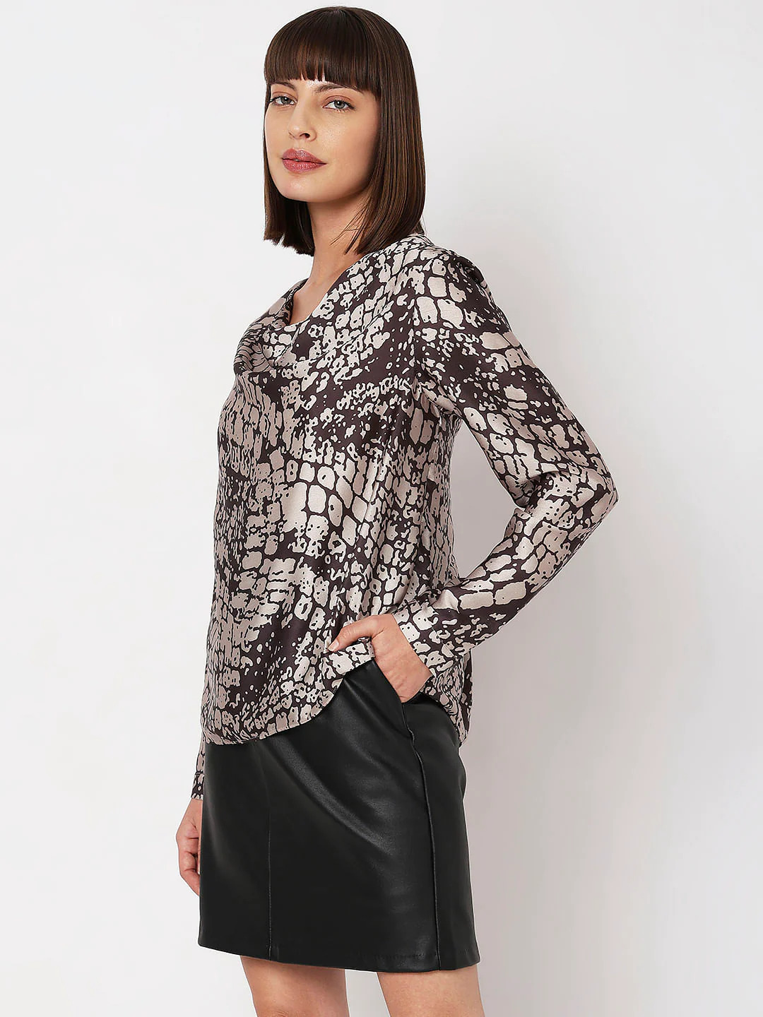 Brown Printed Cowl Neck Top - Image 3