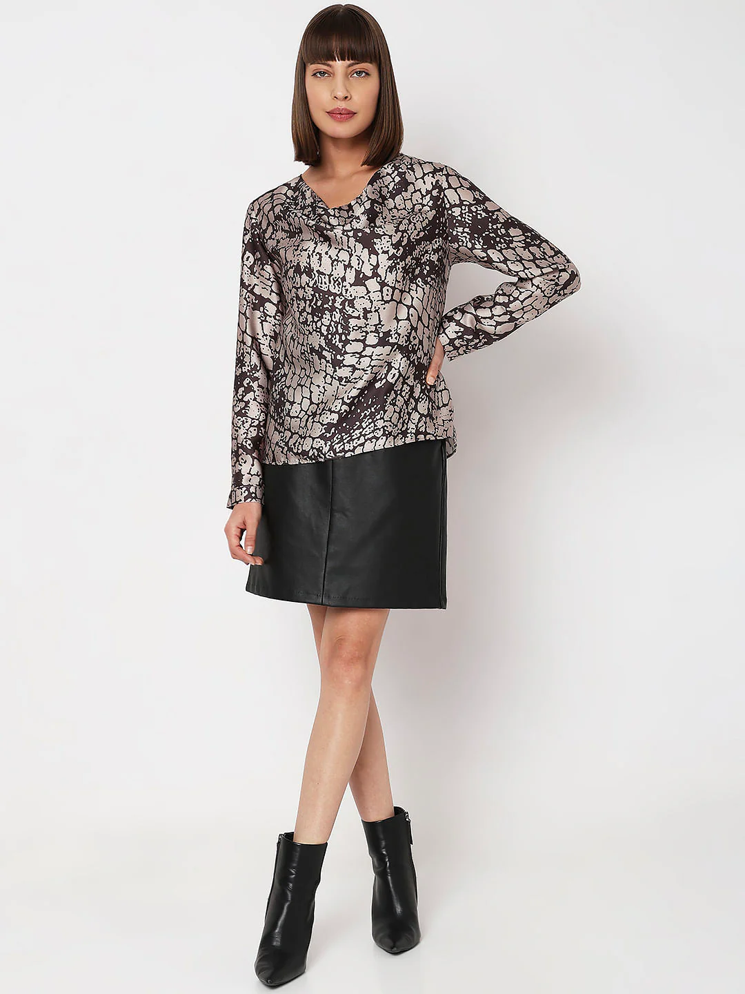 Brown Printed Cowl Neck Top - Image 5