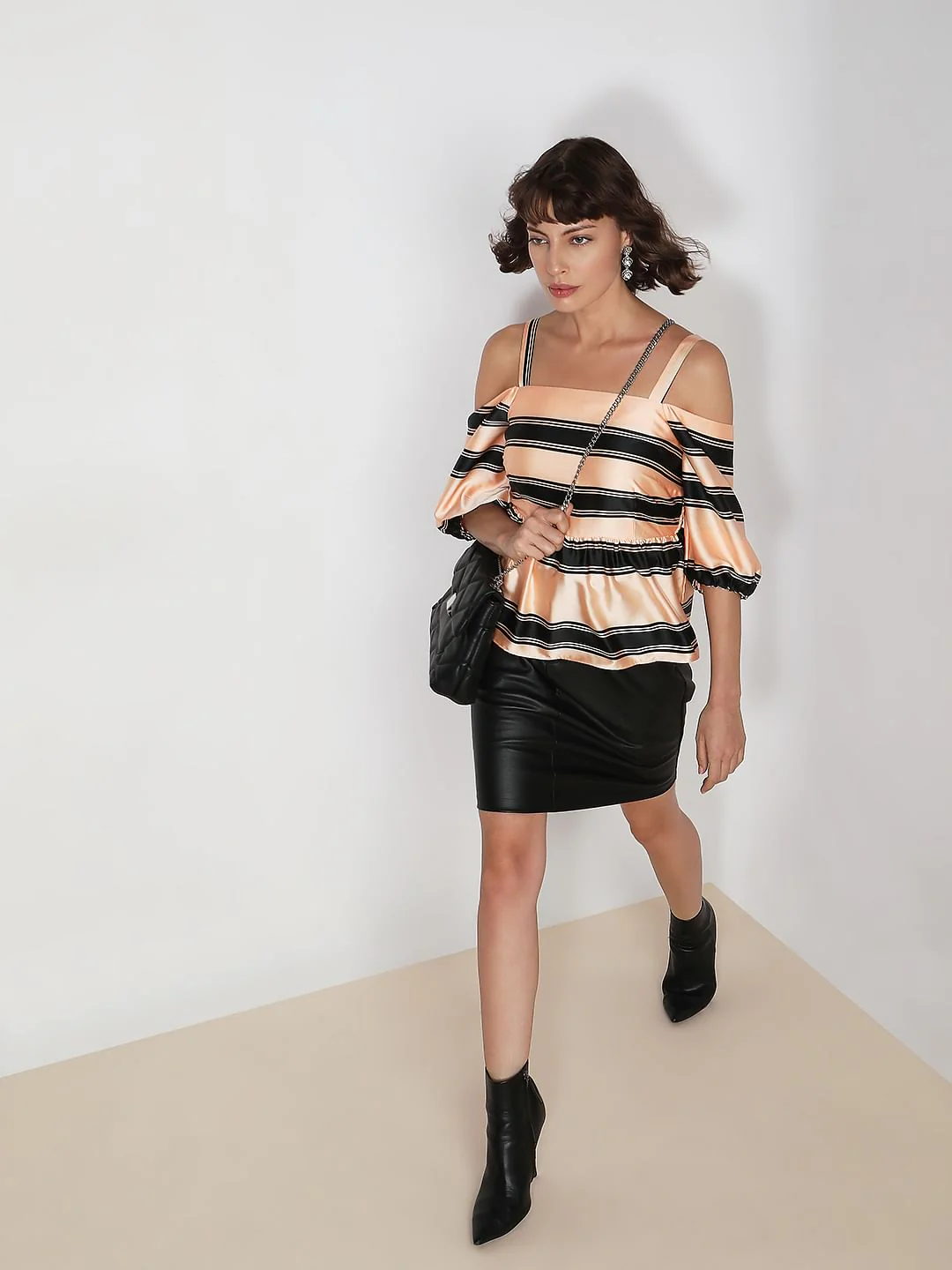 Peach Striped Cold-Shoulder Top