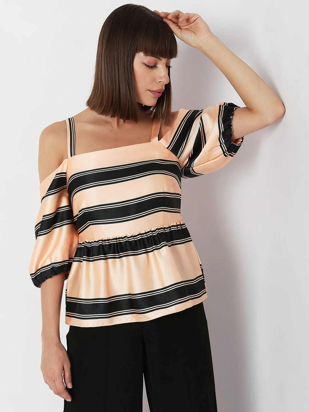Peach Striped Cold-Shoulder Top - Image 2