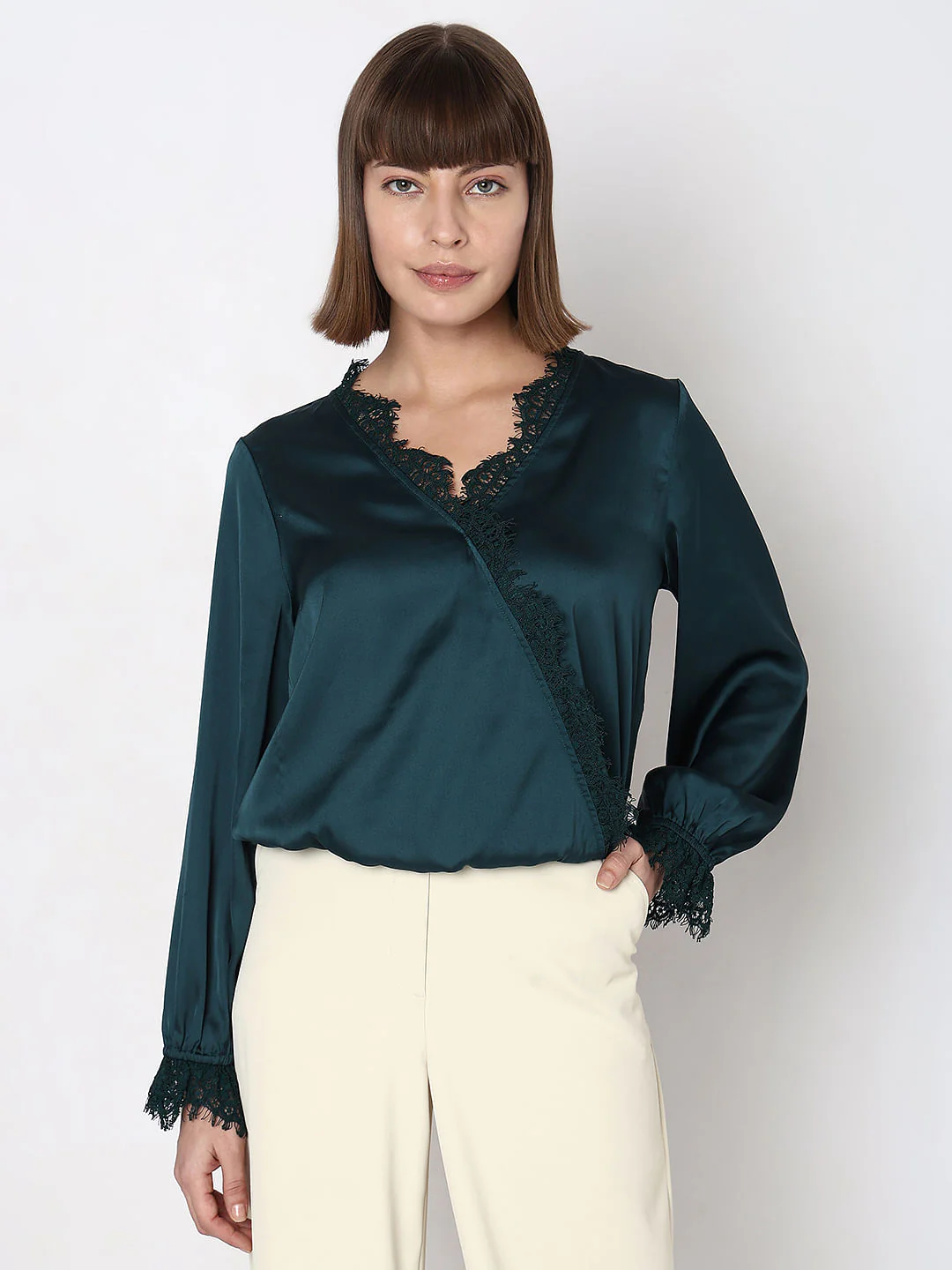Dark Green Lace Trim Co-Ord Set Top - Image 2