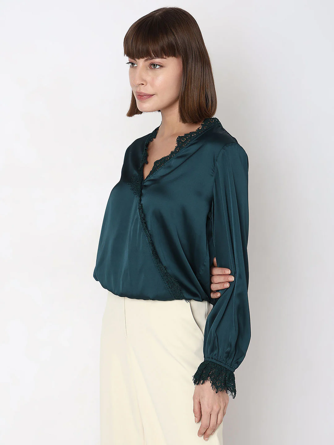 Dark Green Lace Trim Co-Ord Set Top - Image 3