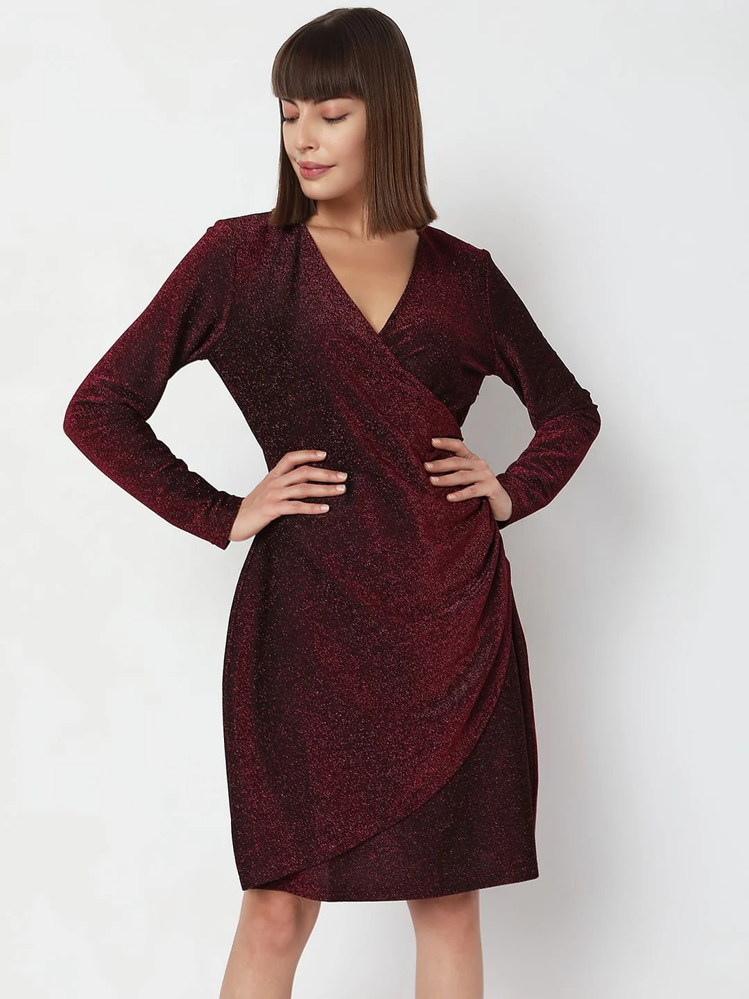 Wine Red Shimmer Wrap Dress - Image 2