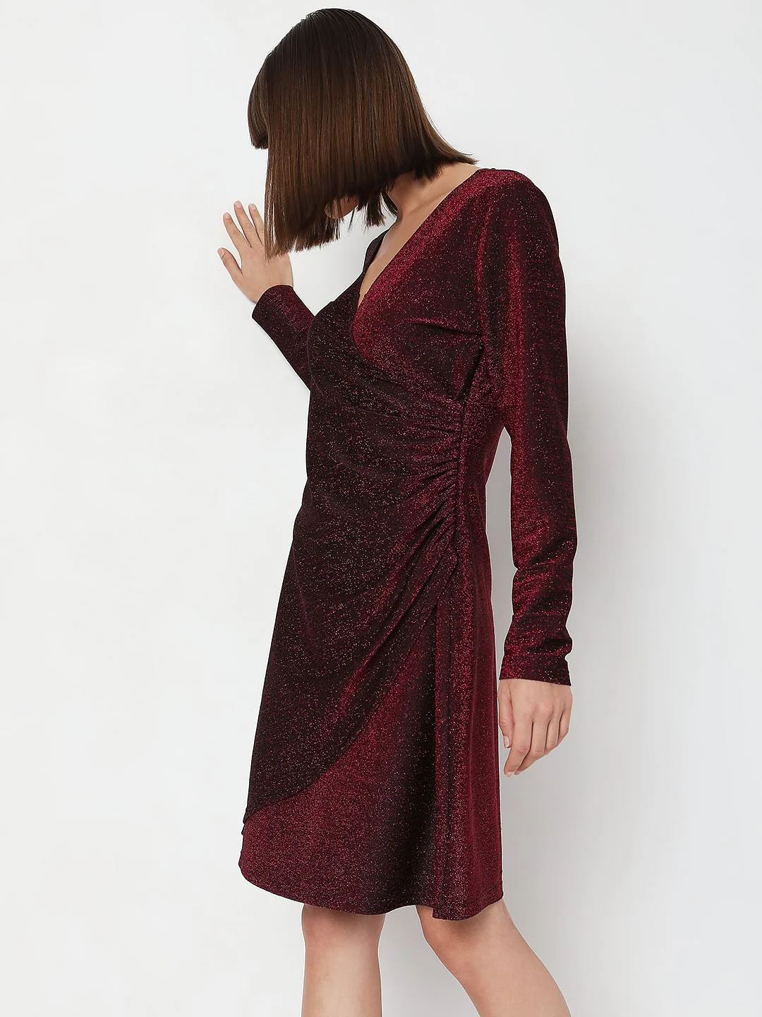 Wine Red Shimmer Wrap Dress - Image 3