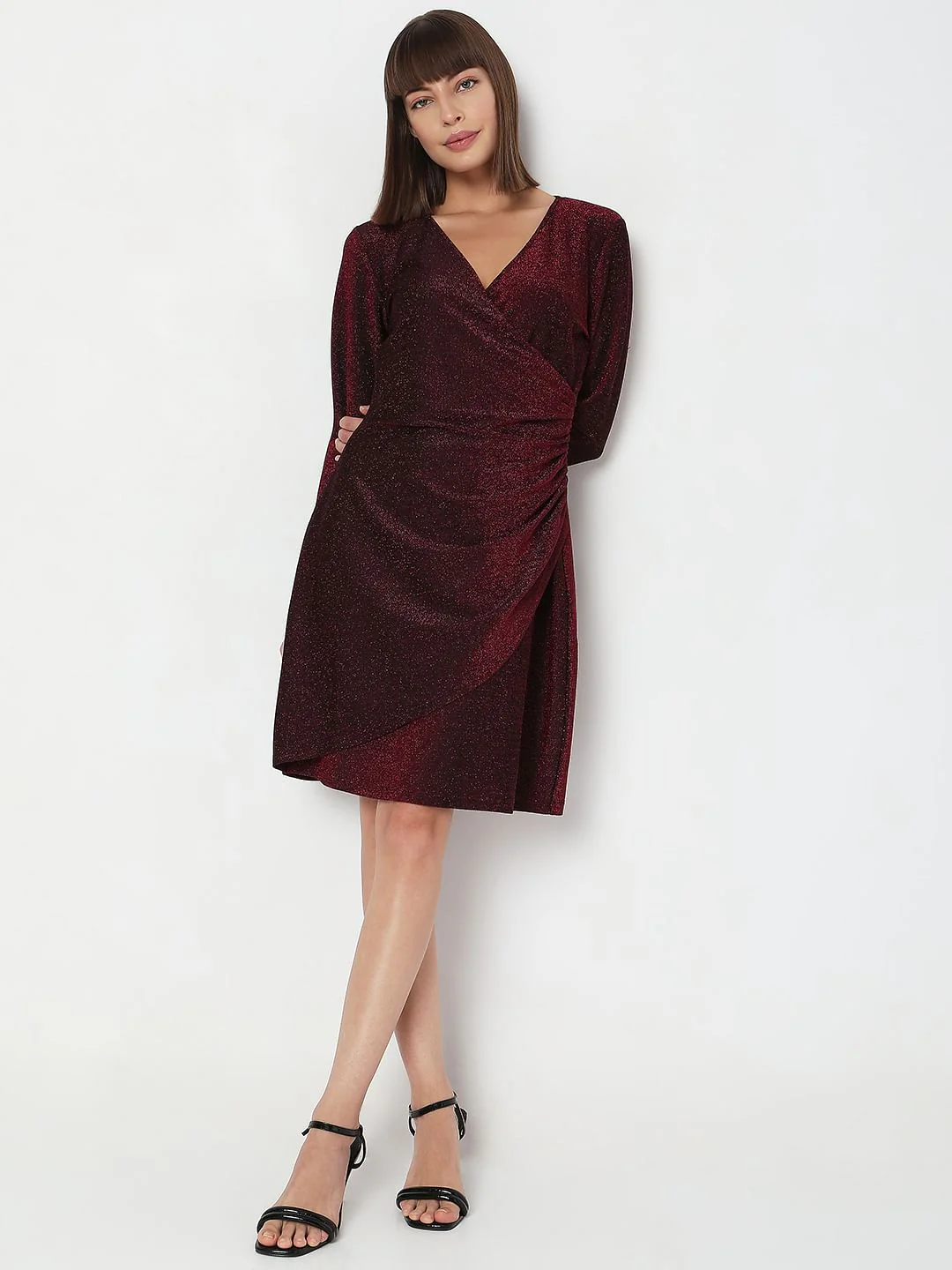 Wine Red Shimmer Wrap Dress - Image 5