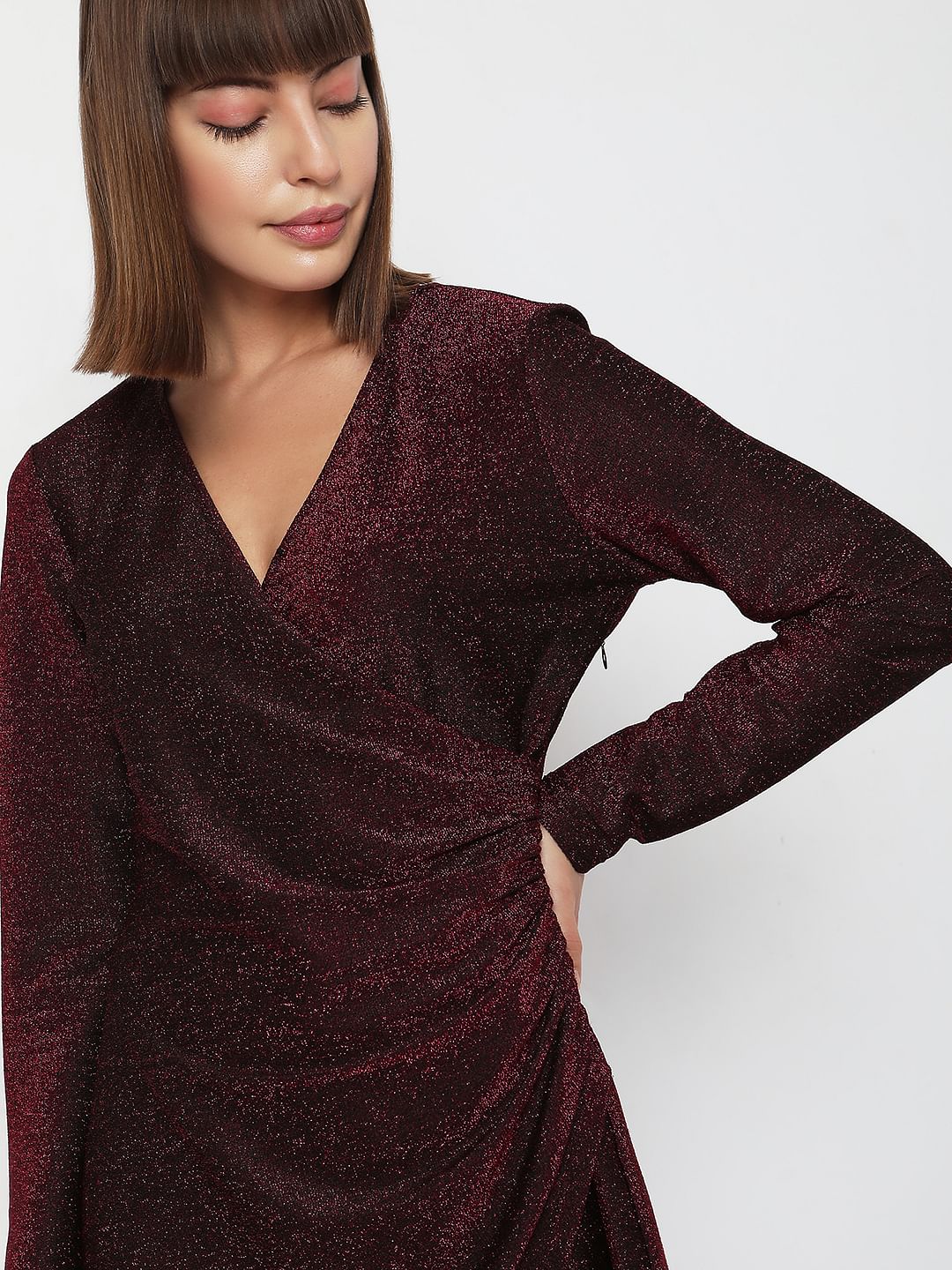 Wine Red Shimmer Wrap Dress - Image 6