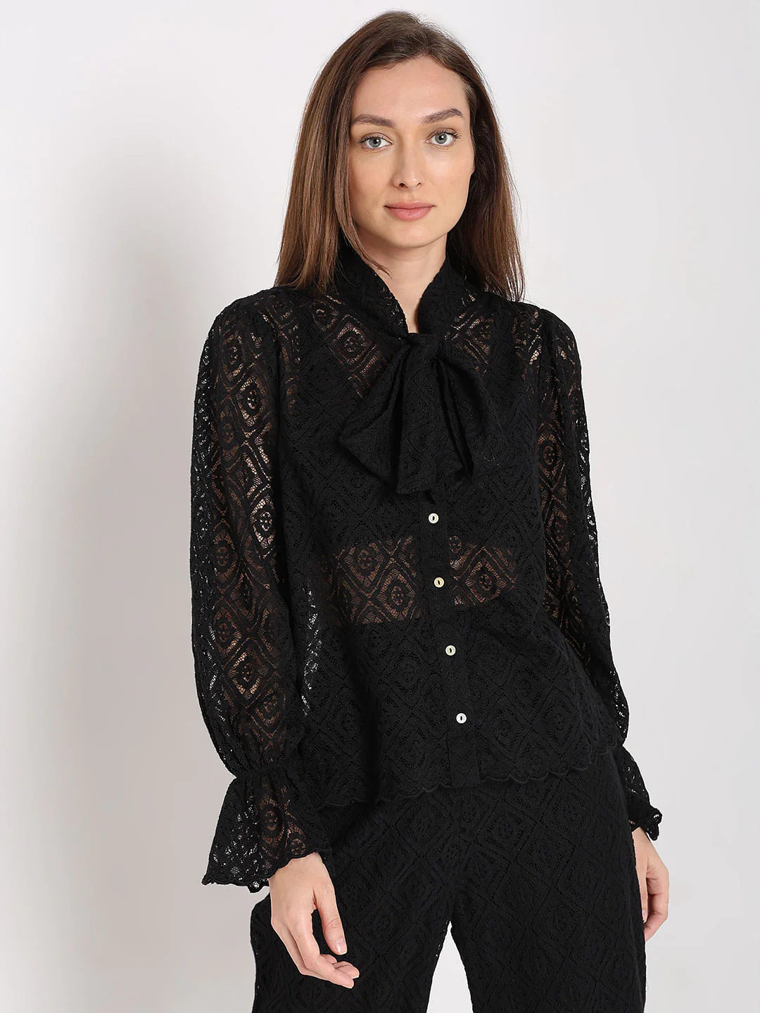 Black Lace Tie-Up Shirt - Image 2