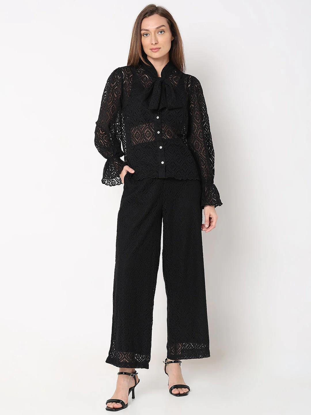 Black Lace Tie-Up Shirt - Image 5