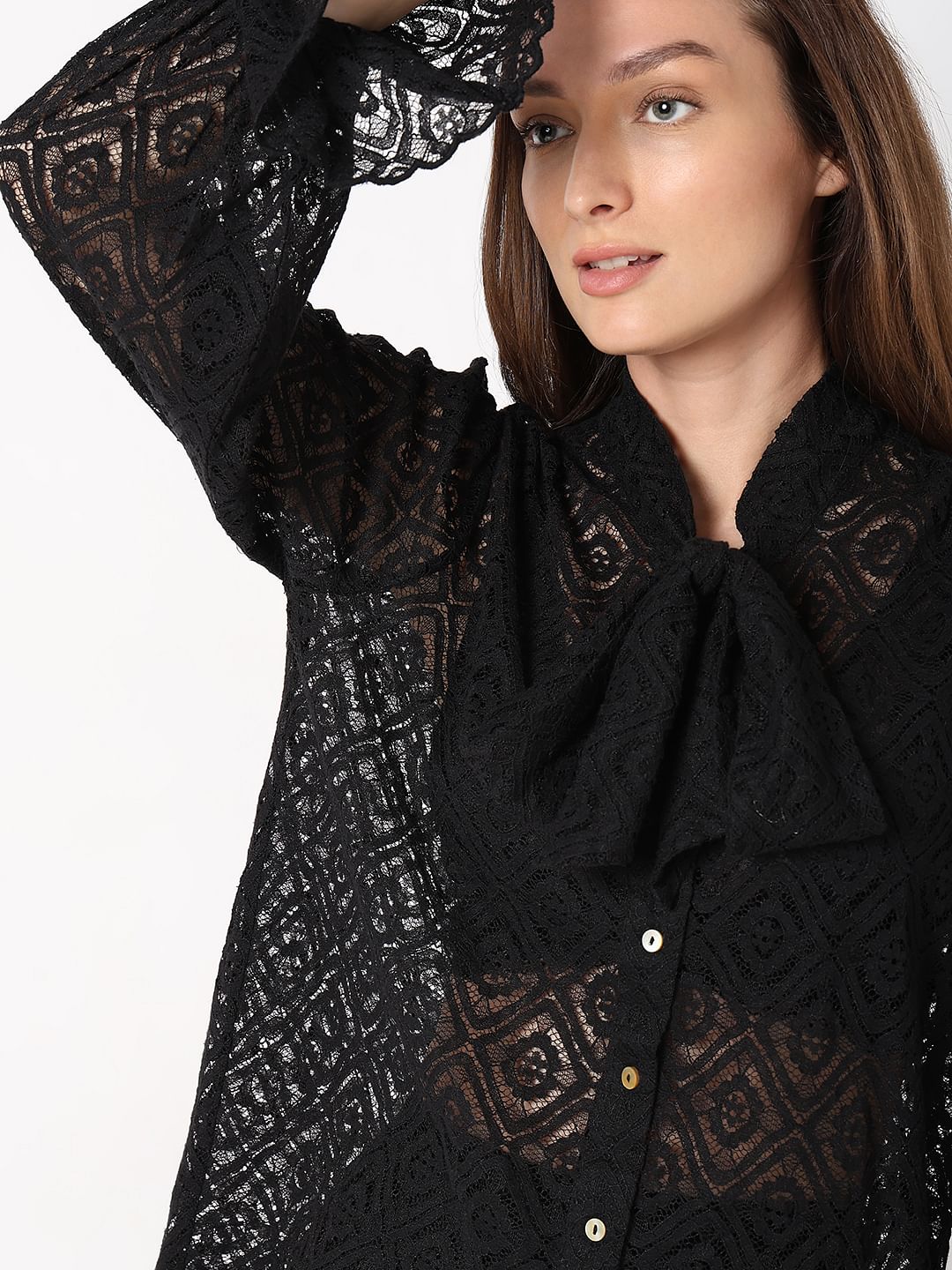 Black Lace Tie-Up Shirt - Image 6