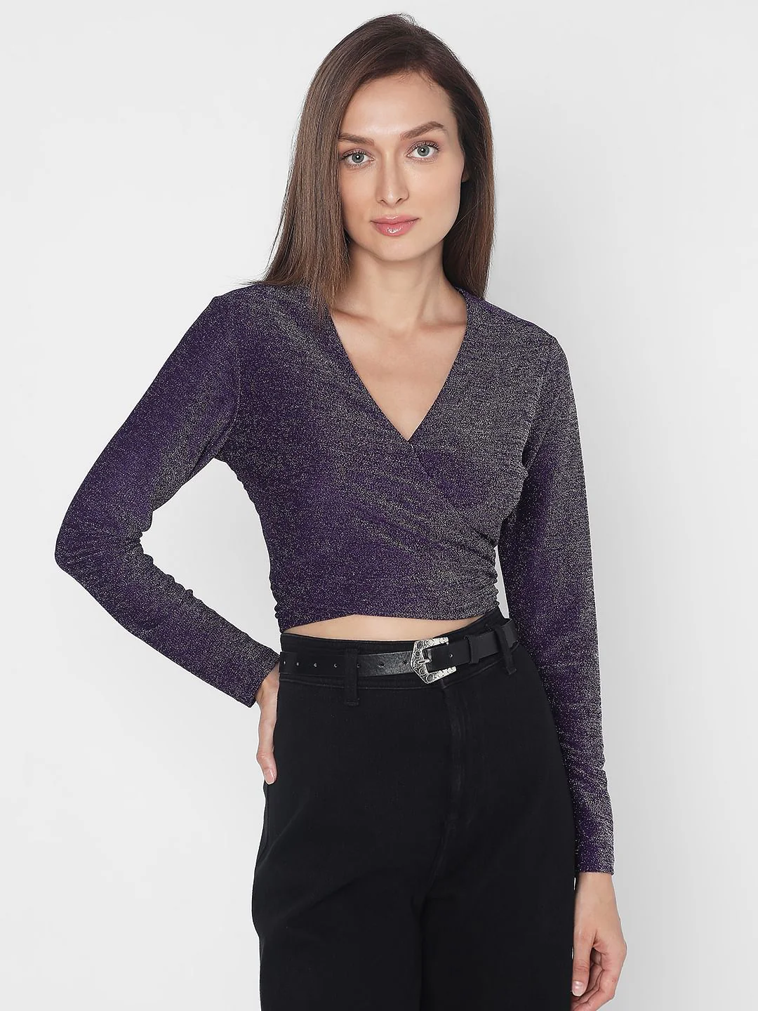 Purple Lurex Shimmer Wrap Top - Image 2