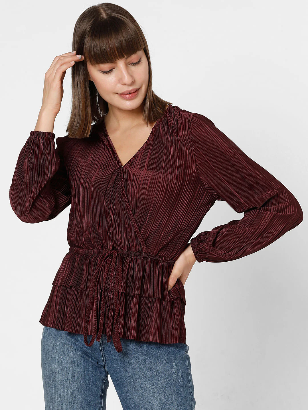 Wine Red Front Wrap Co-Ord Set Top - Image 2