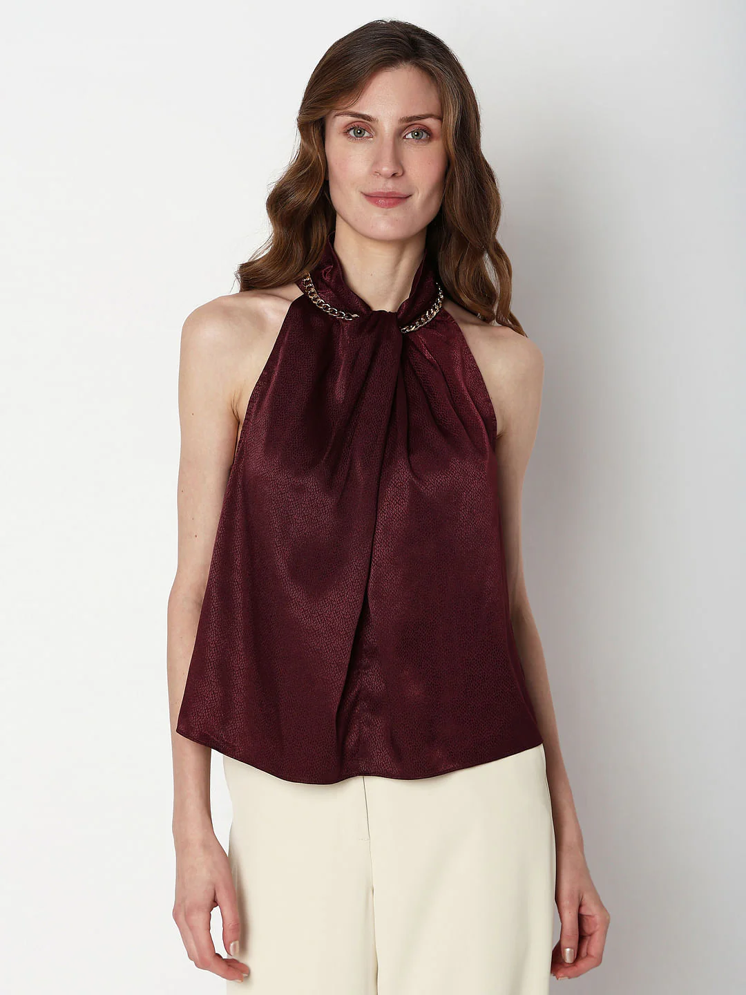 Maroon Satin Halter Neck Top - Image 2