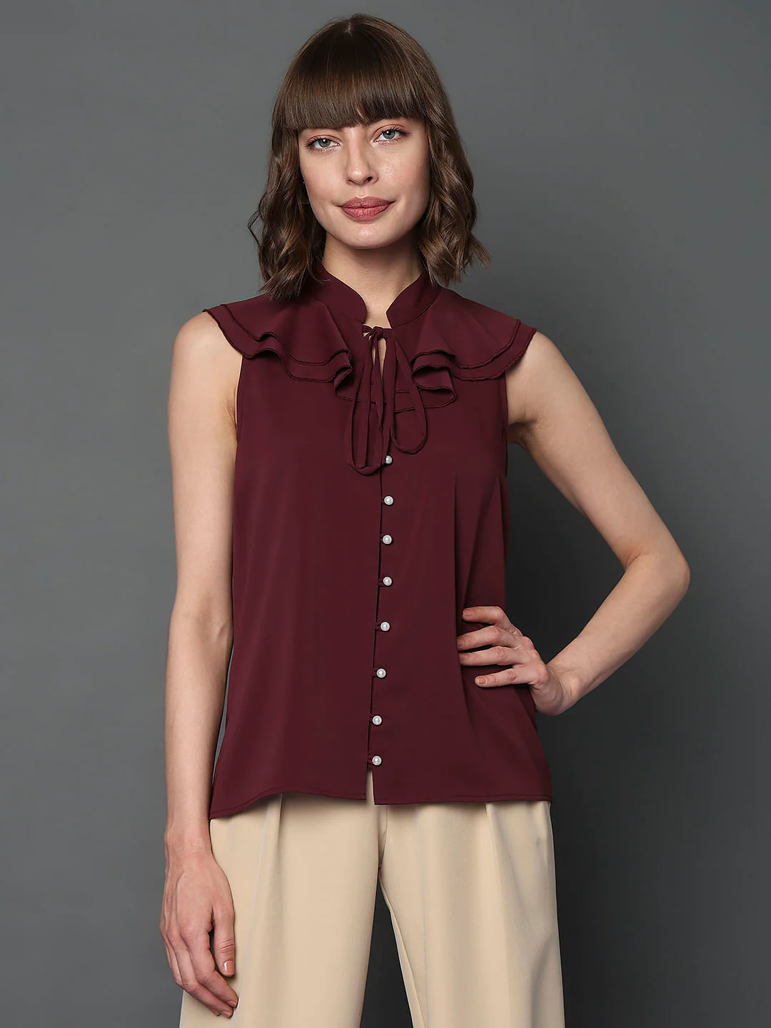 Maroon Sleeveless Ruffle Detail Top - Image 2