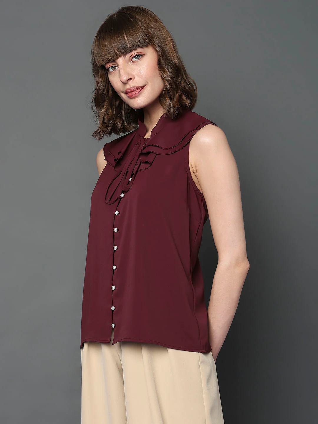 Maroon Sleeveless Ruffle Detail Top - Image 3