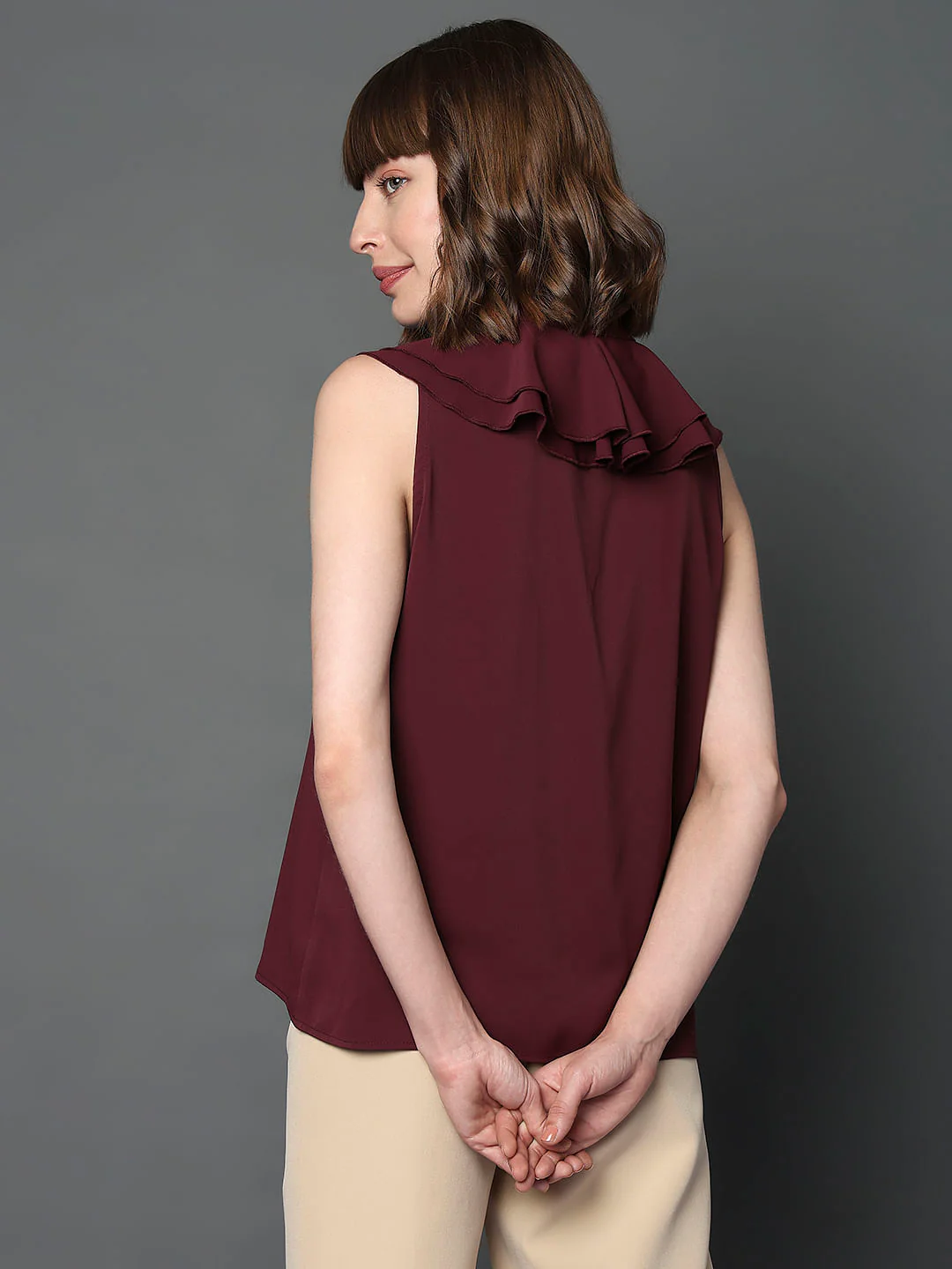 Maroon Sleeveless Ruffle Detail Top - Image 4