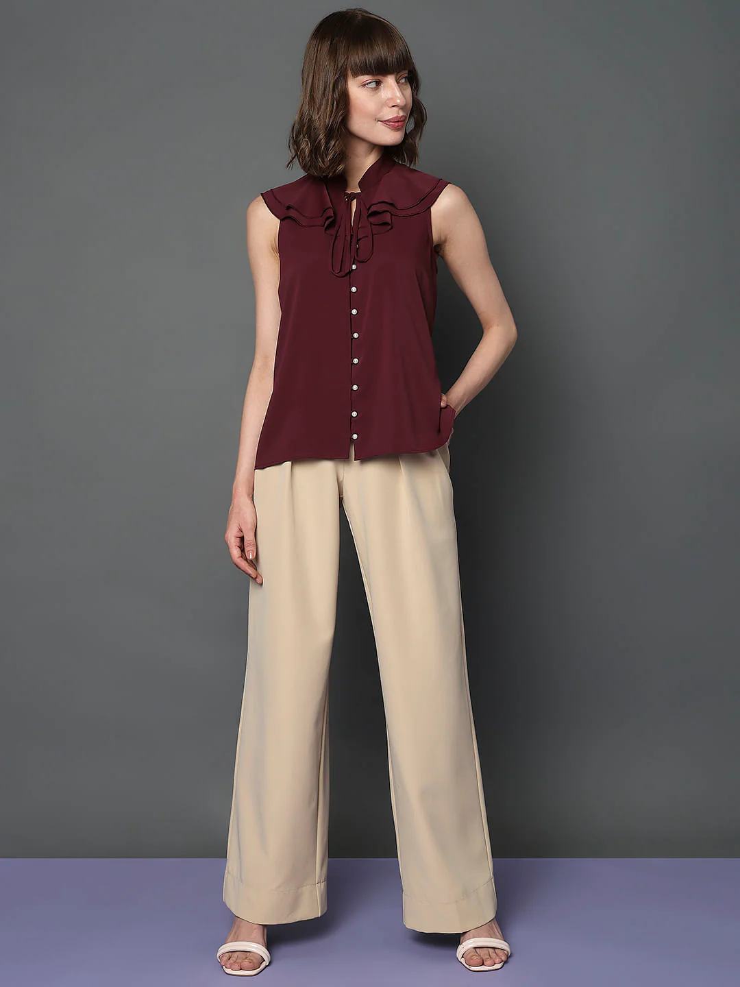Maroon Sleeveless Ruffle Detail Top - Image 5