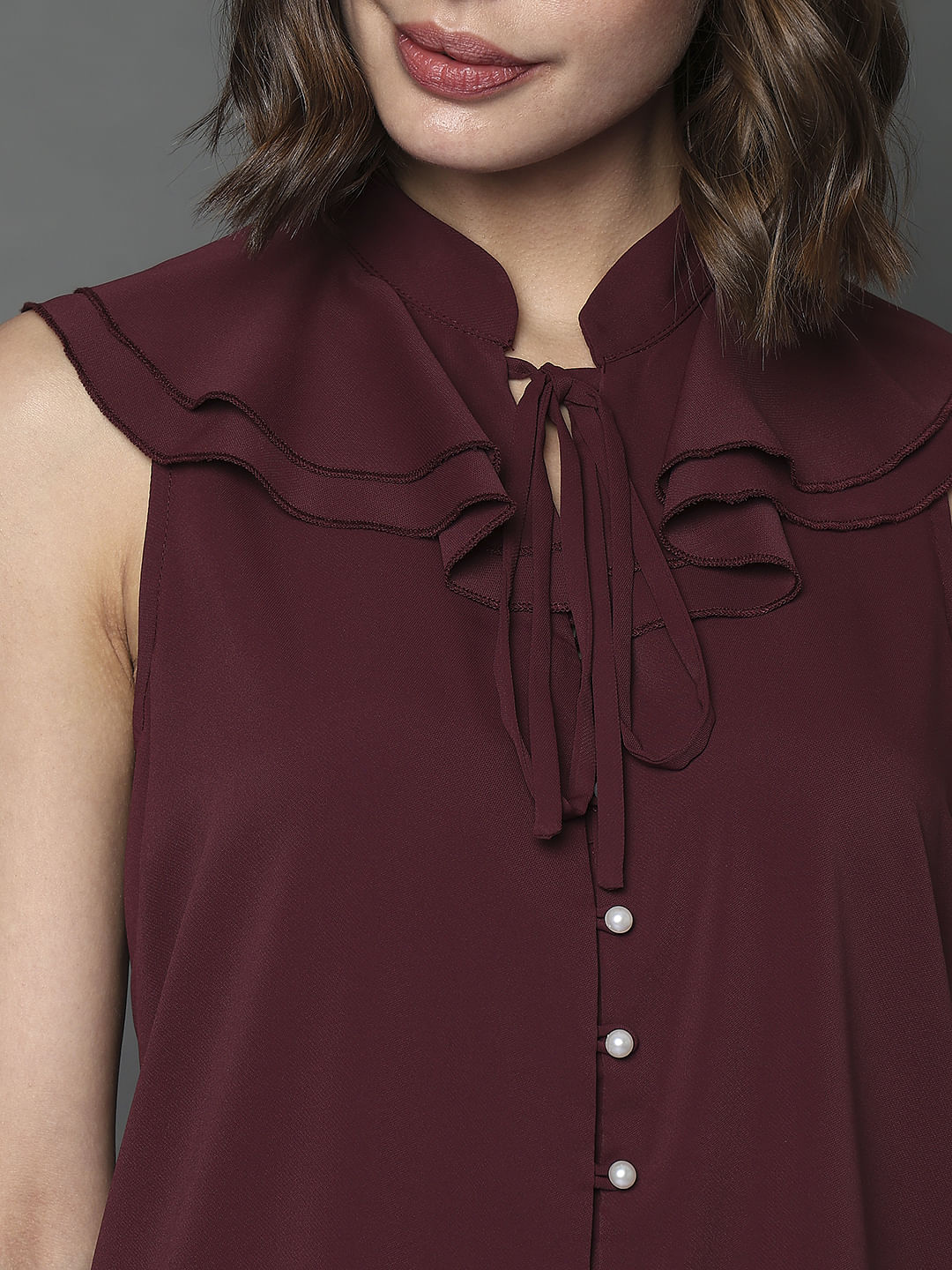 Maroon Sleeveless Ruffle Detail Top - Image 6