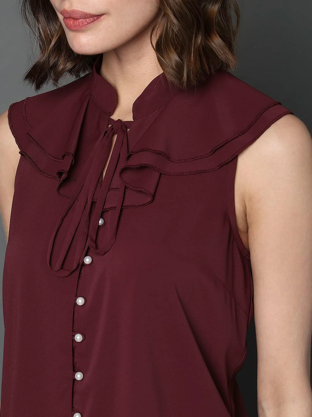 Maroon Sleeveless Ruffle Detail Top - Image 8