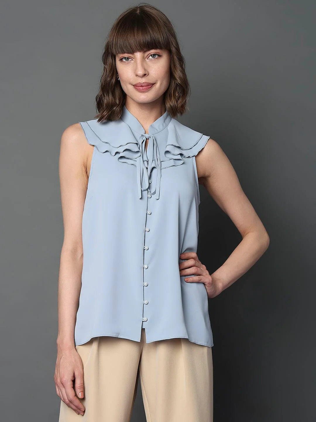 Light Blue Ruffle Neck Top - Image 2