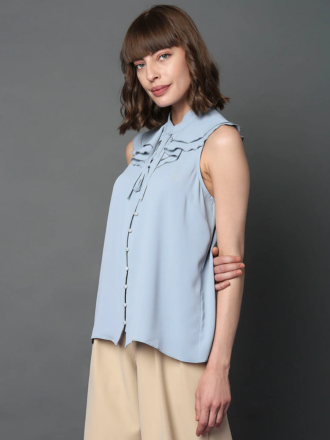 Light Blue Ruffle Neck Top - Image 3