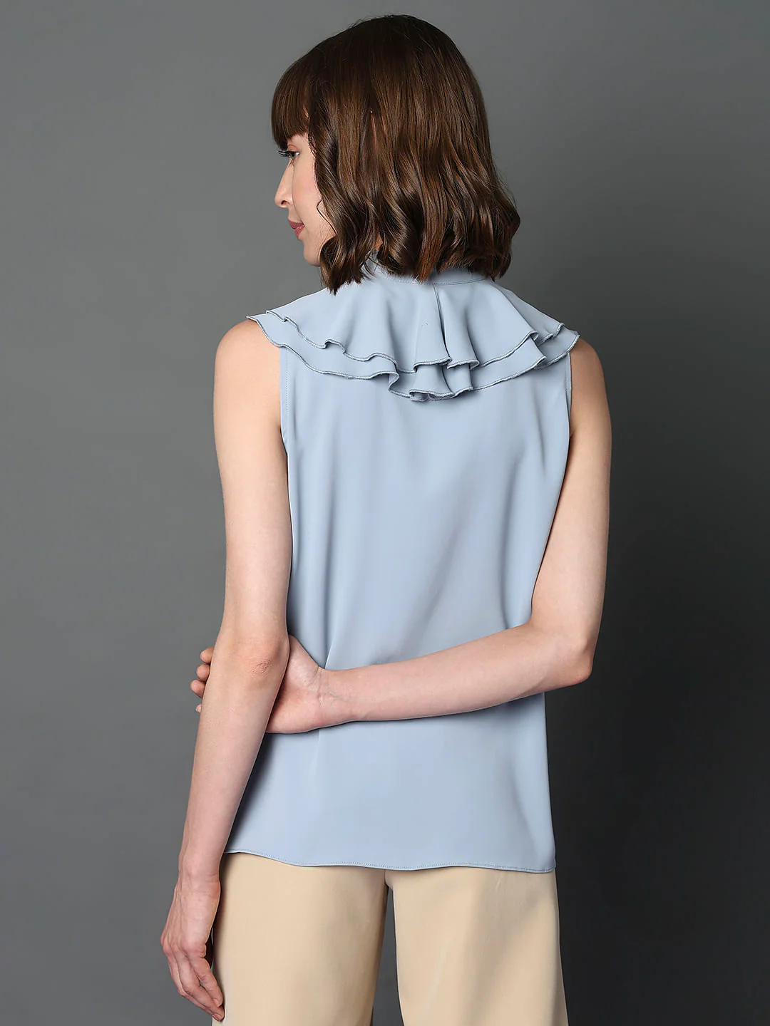 Light Blue Ruffle Neck Top - Image 4