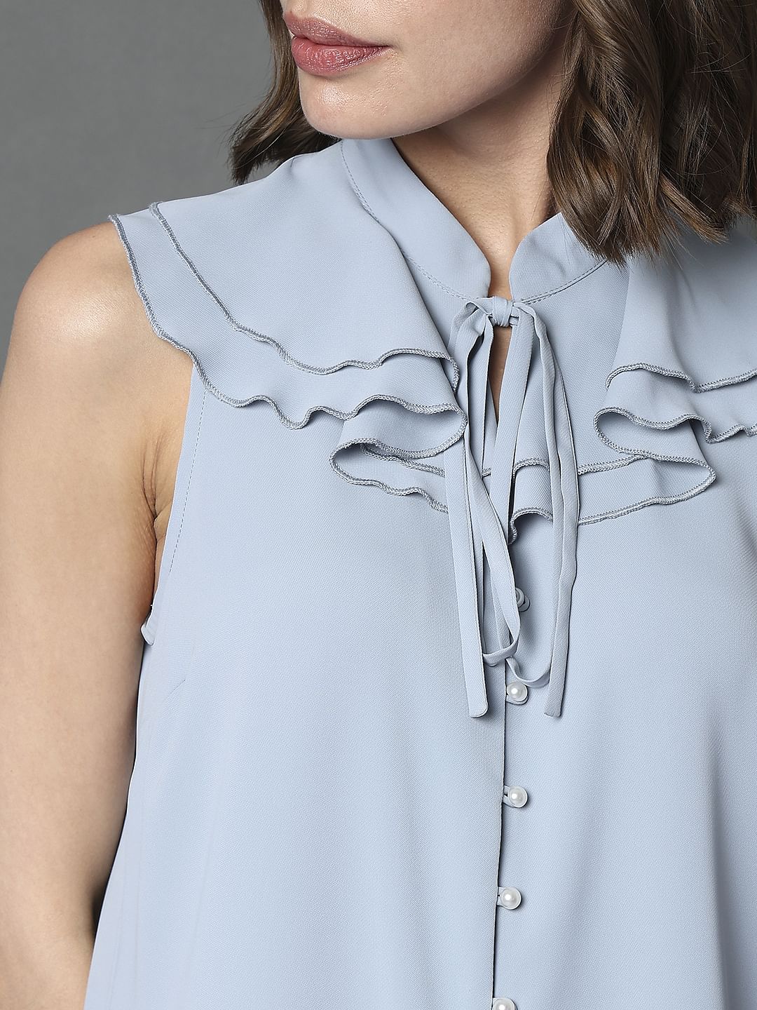 Light Blue Ruffle Neck Top - Image 6