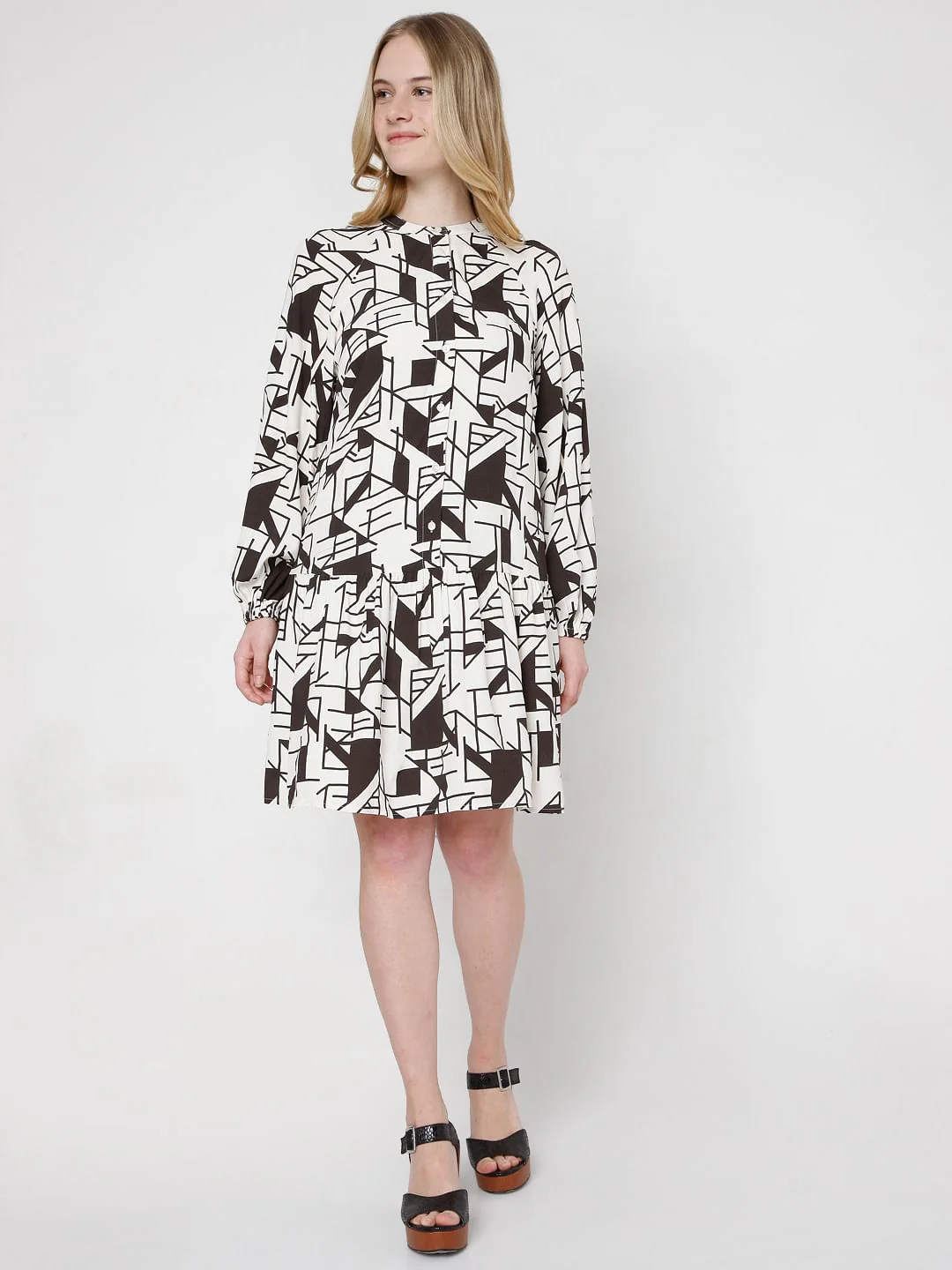 Off White & Black Printed Shirt Dress - Image 5