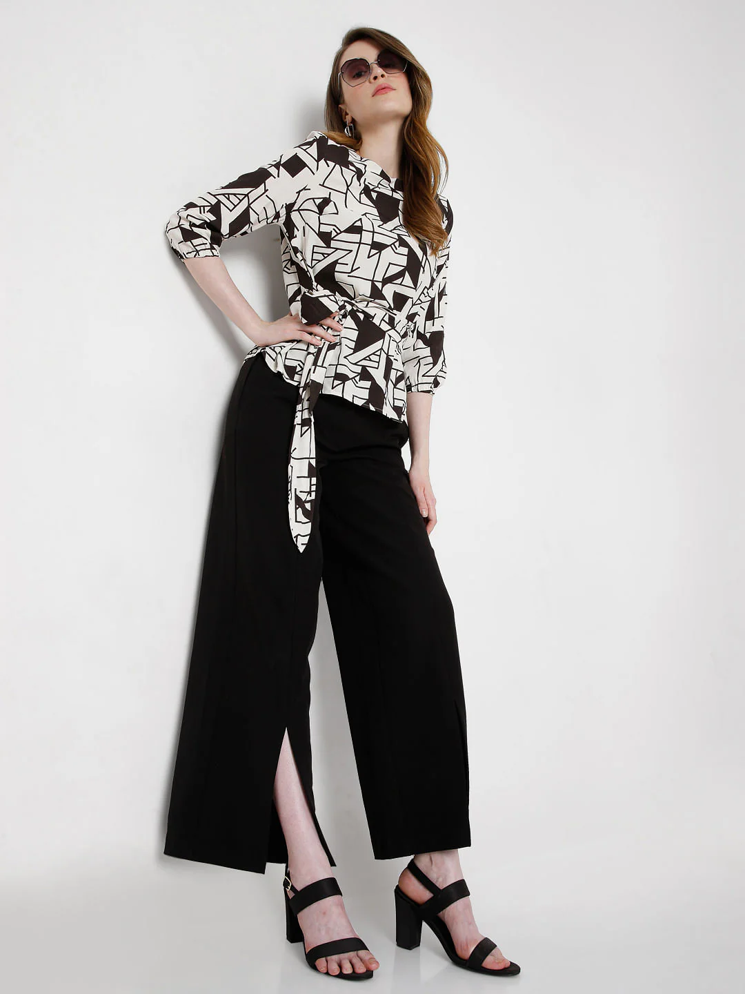 Off White Printed Tie Up Top