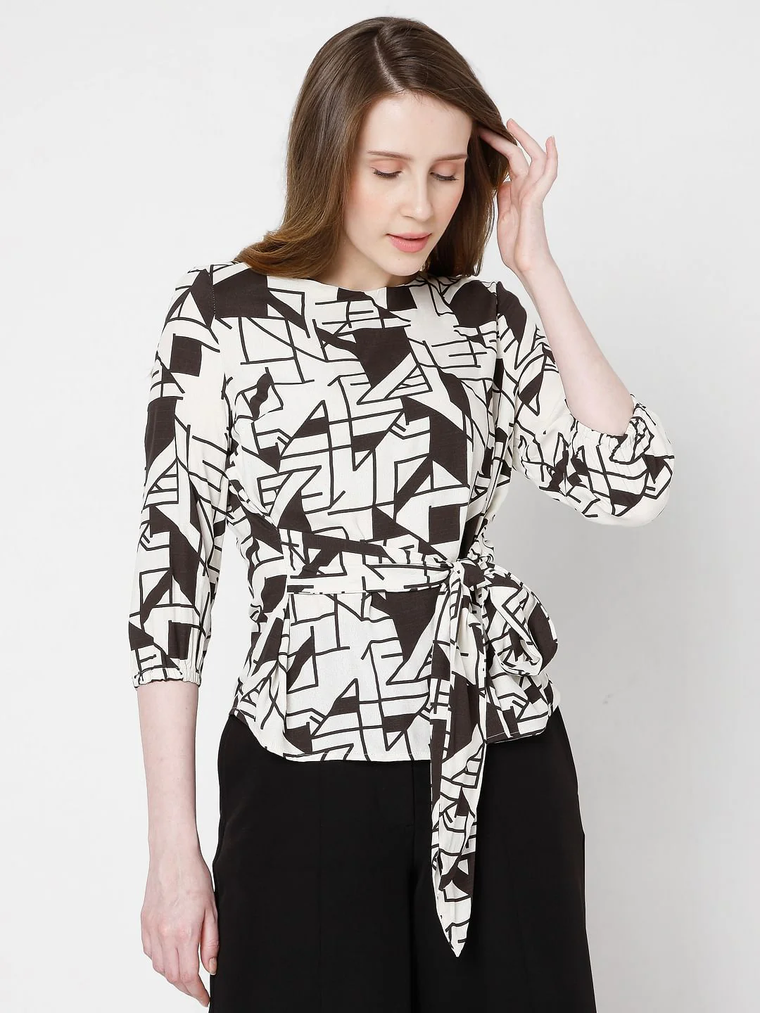 Off White Printed Tie Up Top - Image 2