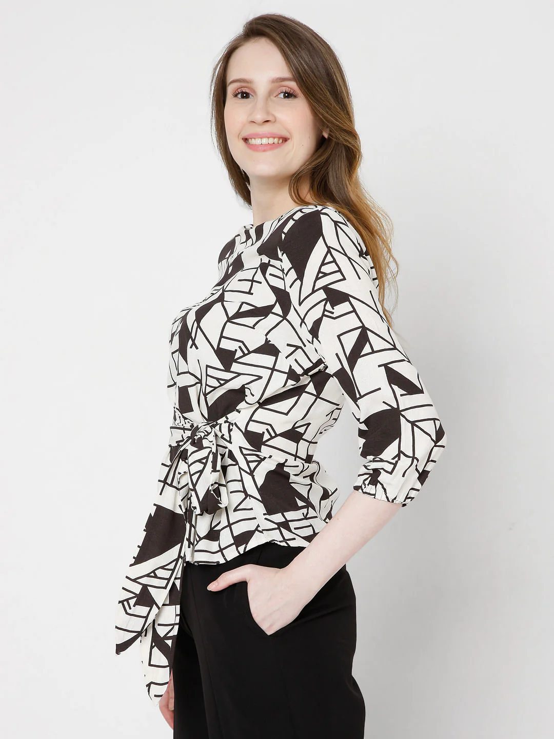Off White Printed Tie Up Top - Image 3