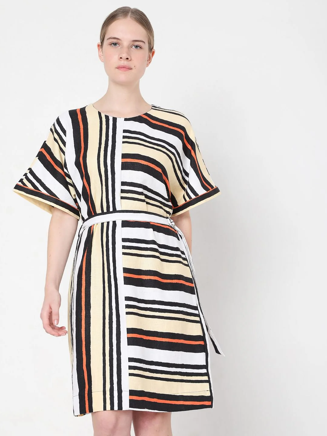 White Asymmetrical Striped Fit & Flare Dress - Image 2