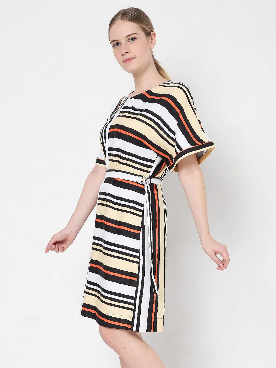 White Asymmetrical Striped Fit & Flare Dress - Image 3