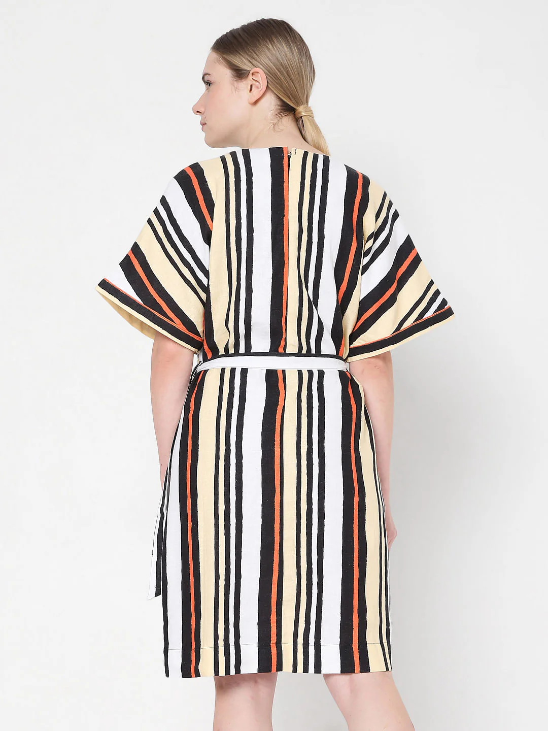 White Asymmetrical Striped Fit & Flare Dress - Image 4