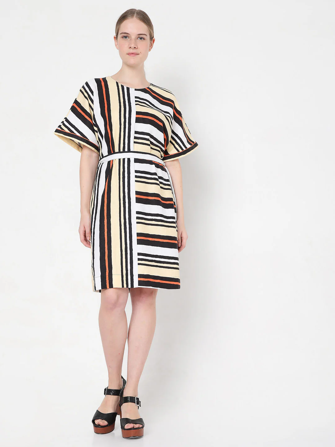 White Asymmetrical Striped Fit & Flare Dress - Image 5