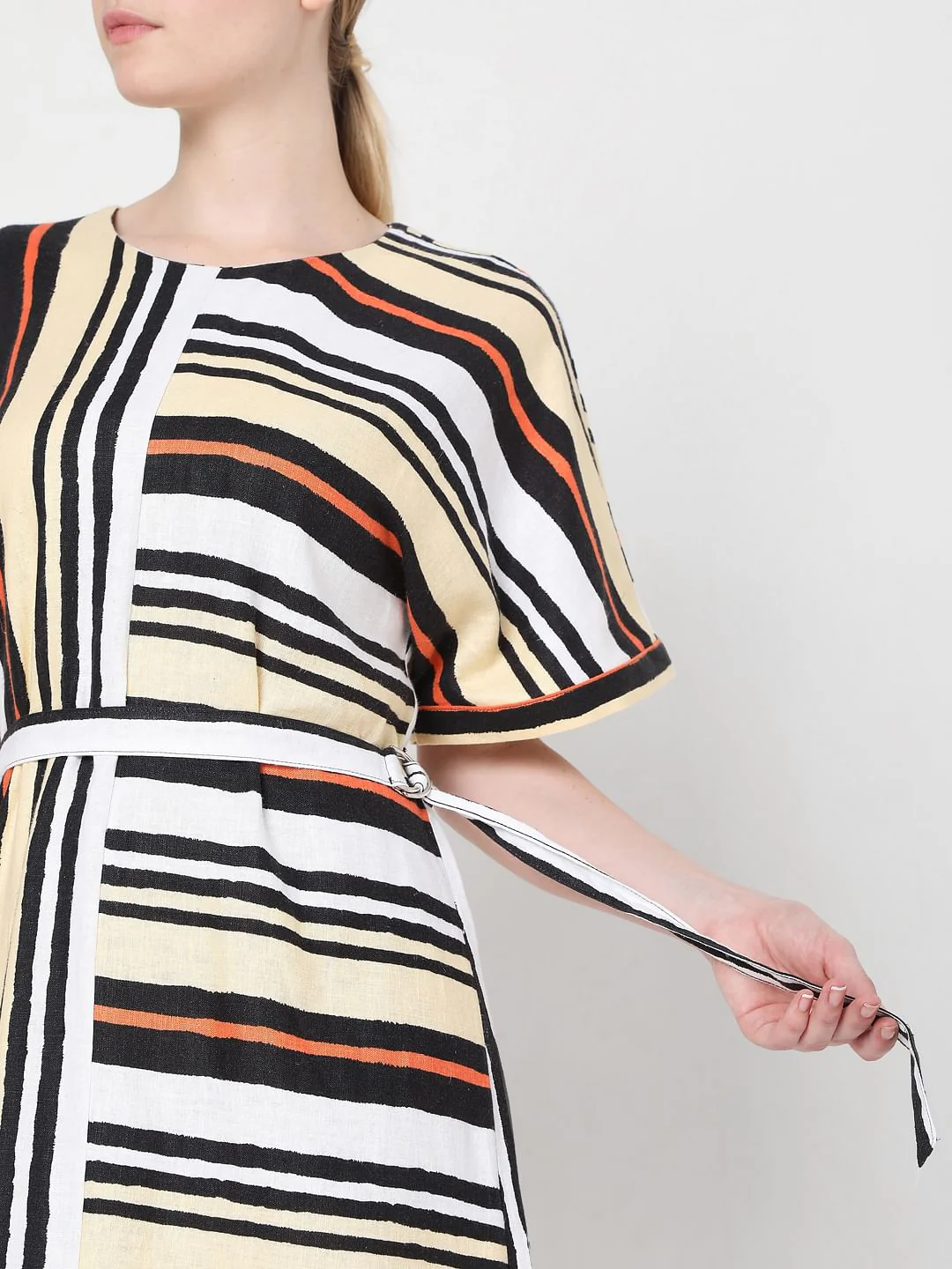 White Asymmetrical Striped Fit & Flare Dress - Image 6