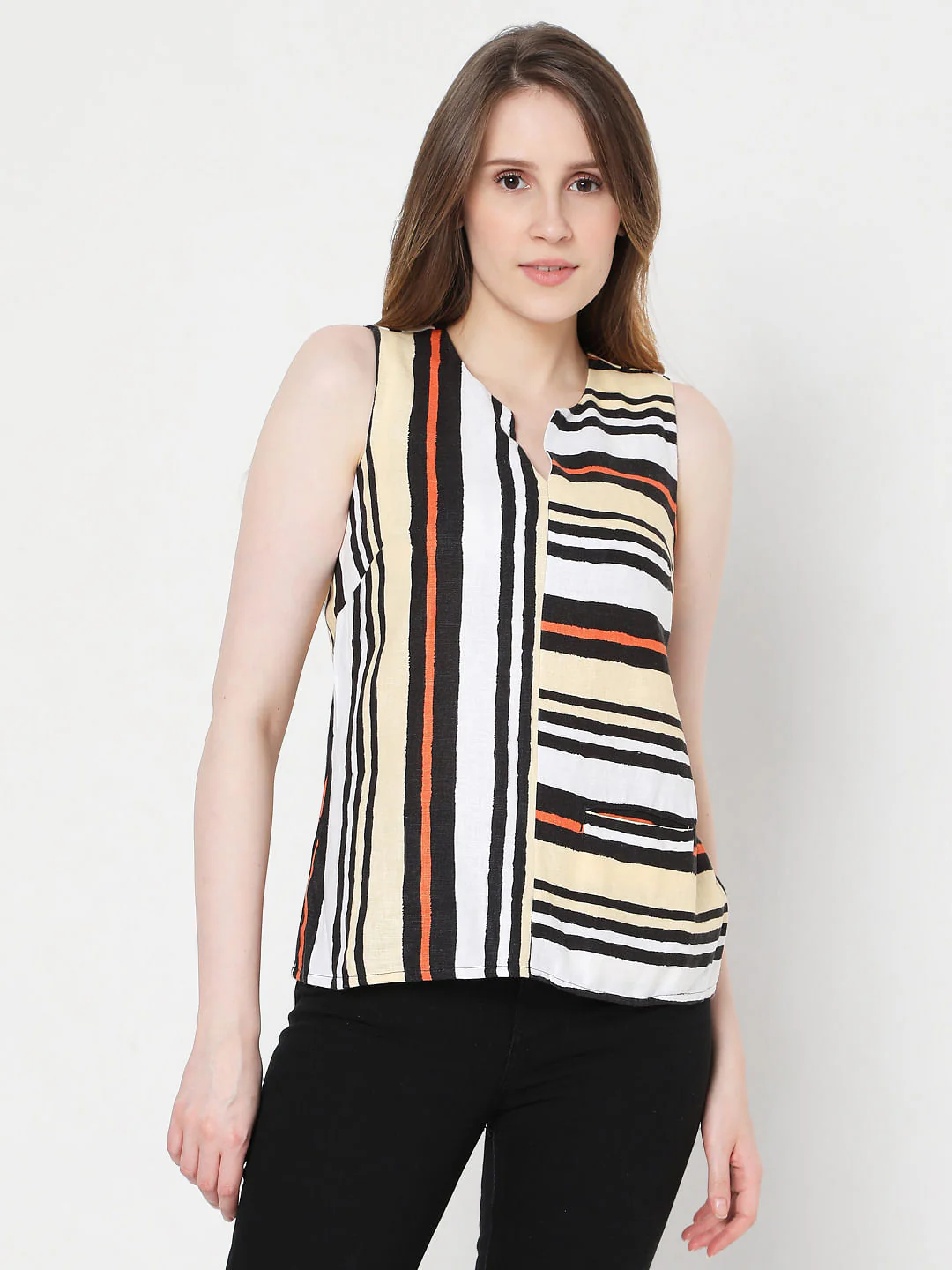 White Asymmetrical Striped Linen Top - Image 2