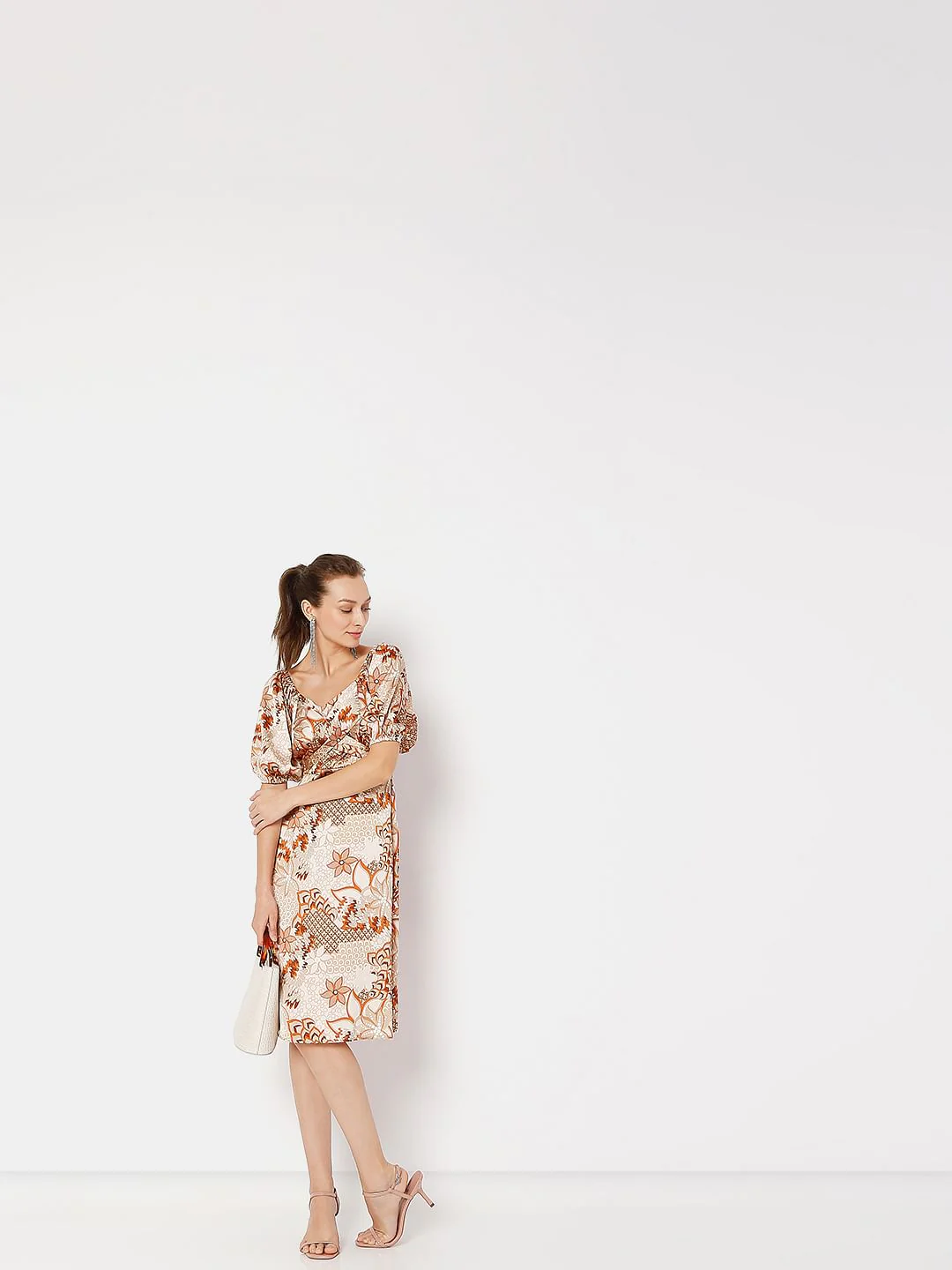 Brown Printed Midi Dress