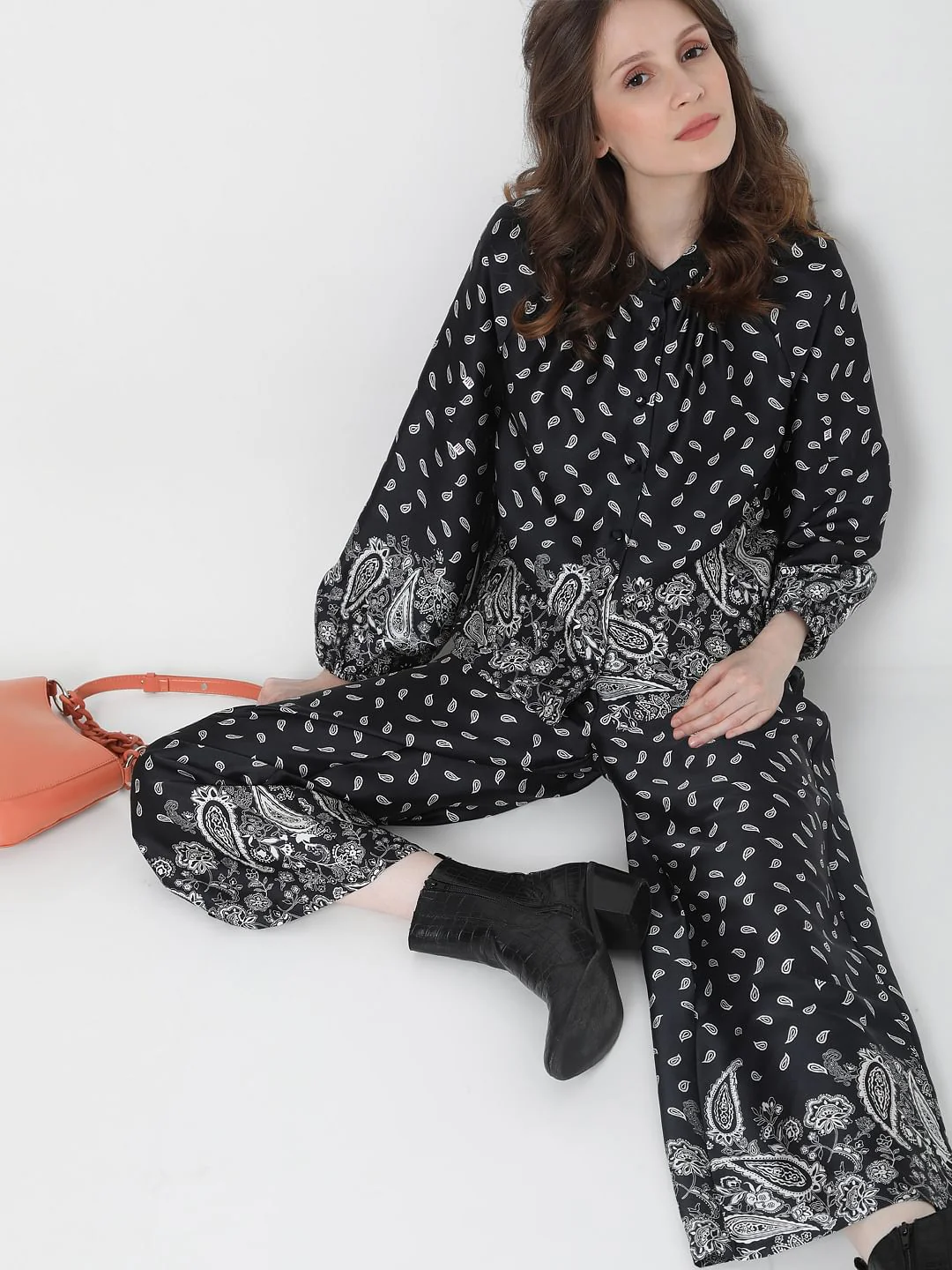 Black Paisley Print Co-Ord Top