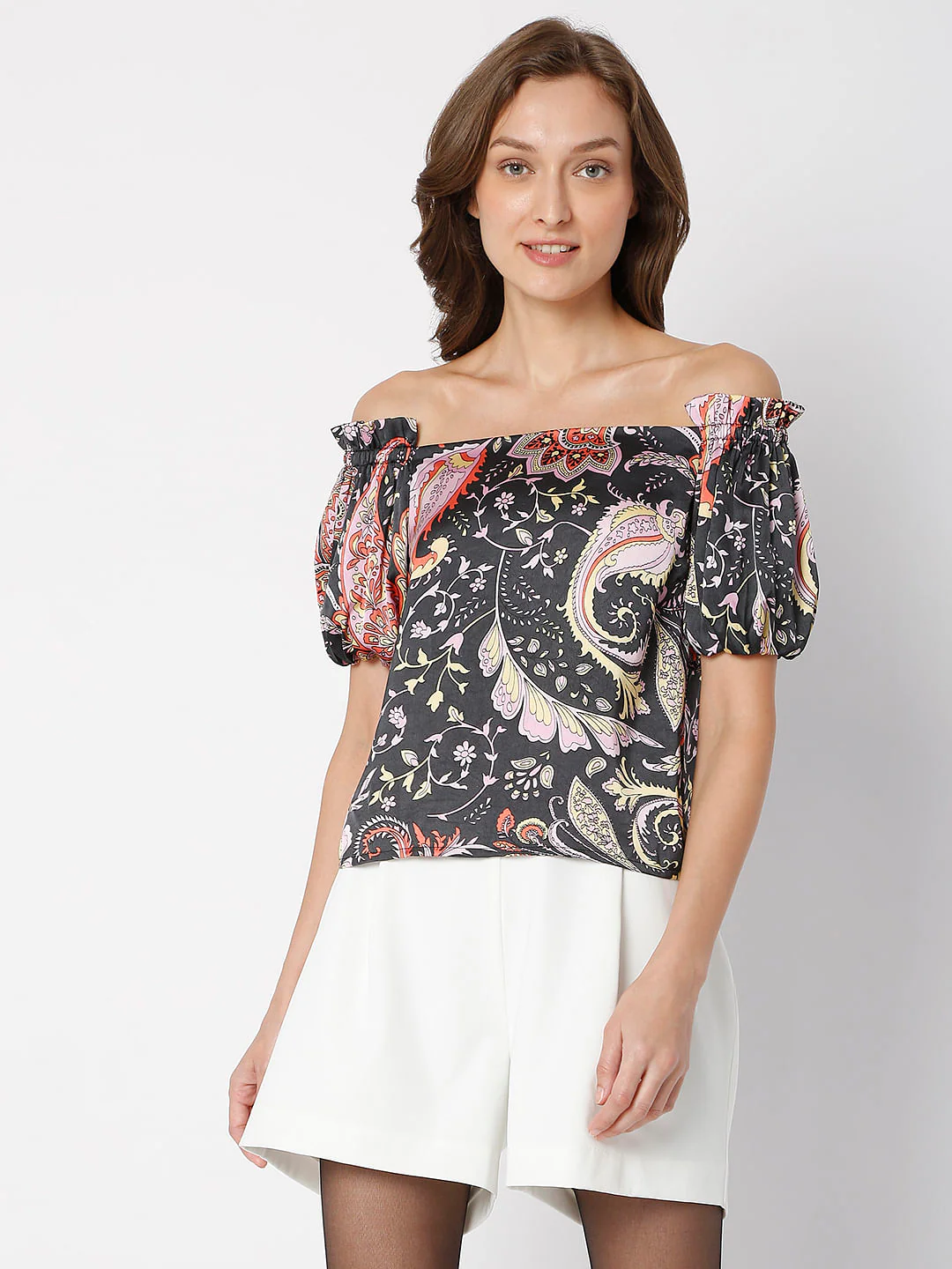 Black Paisley Print Off-Shoulder Top - Image 2