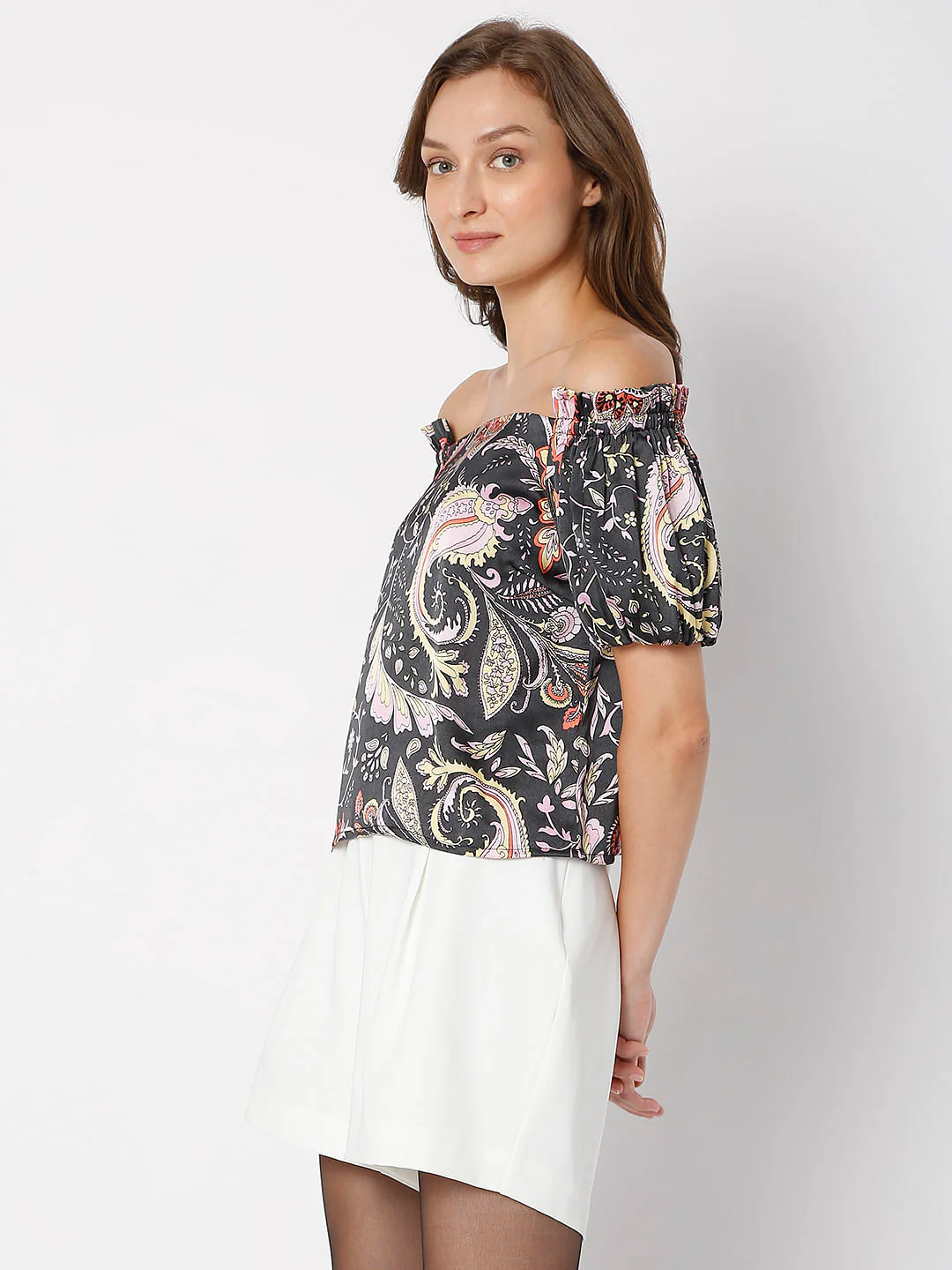 Black Paisley Print Off-Shoulder Top - Image 3