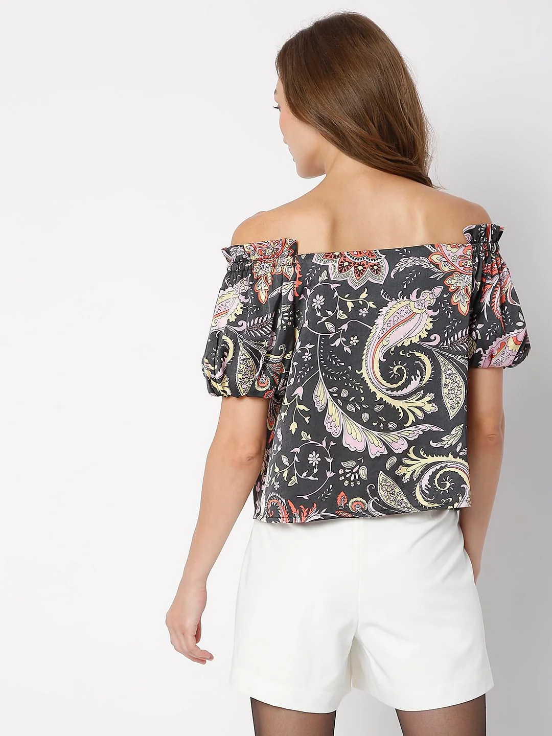 Black Paisley Print Off-Shoulder Top - Image 4