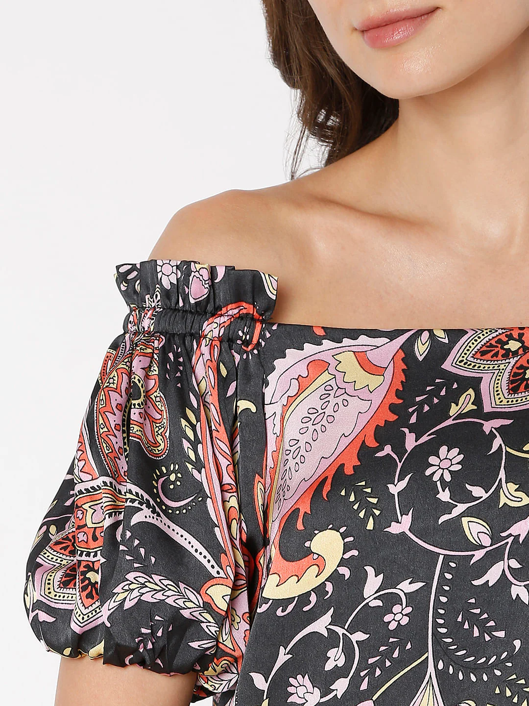 Black Paisley Print Off-Shoulder Top - Image 6