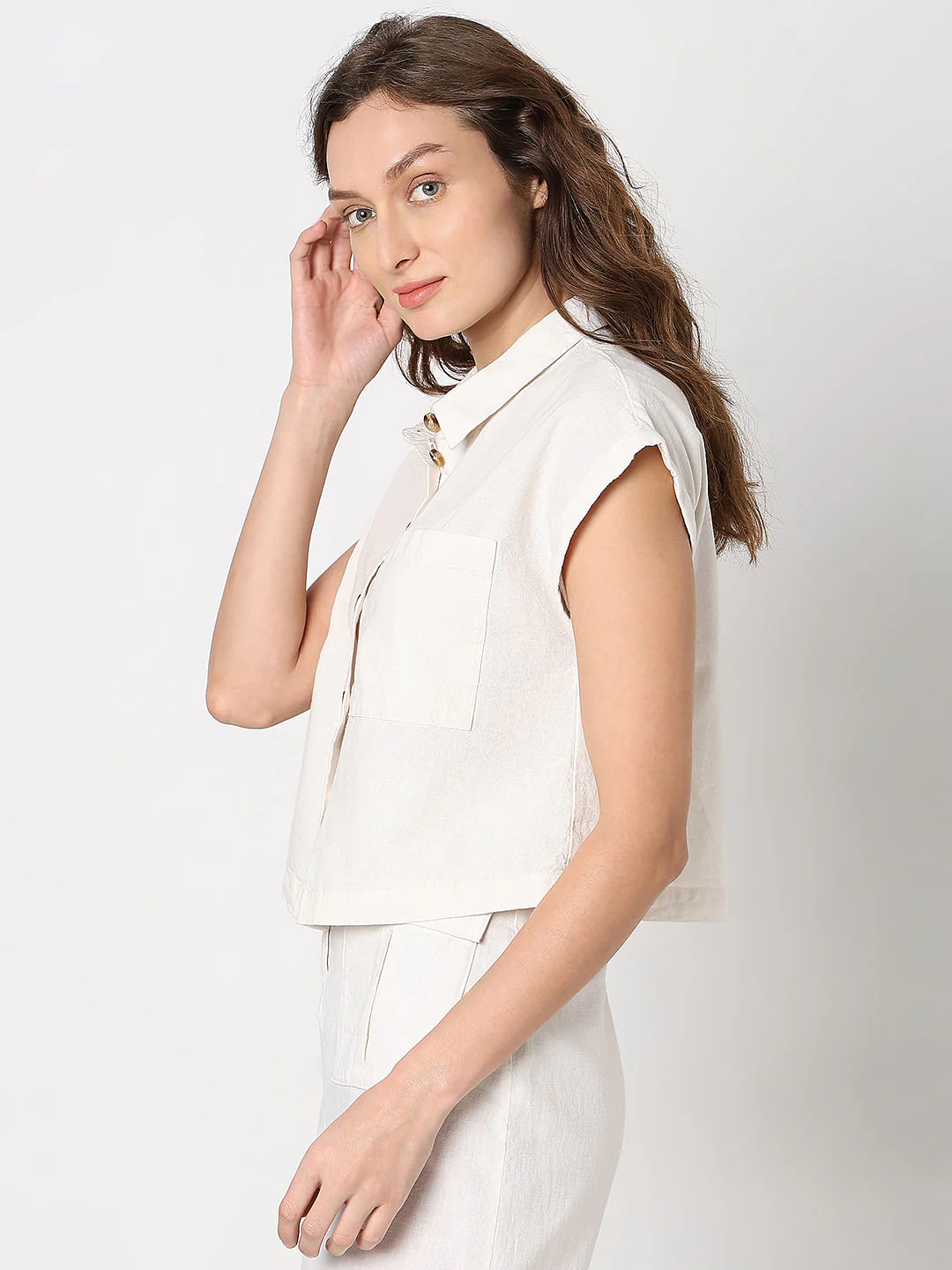 White Cropped Co-Ord Set Shirt - Image 3