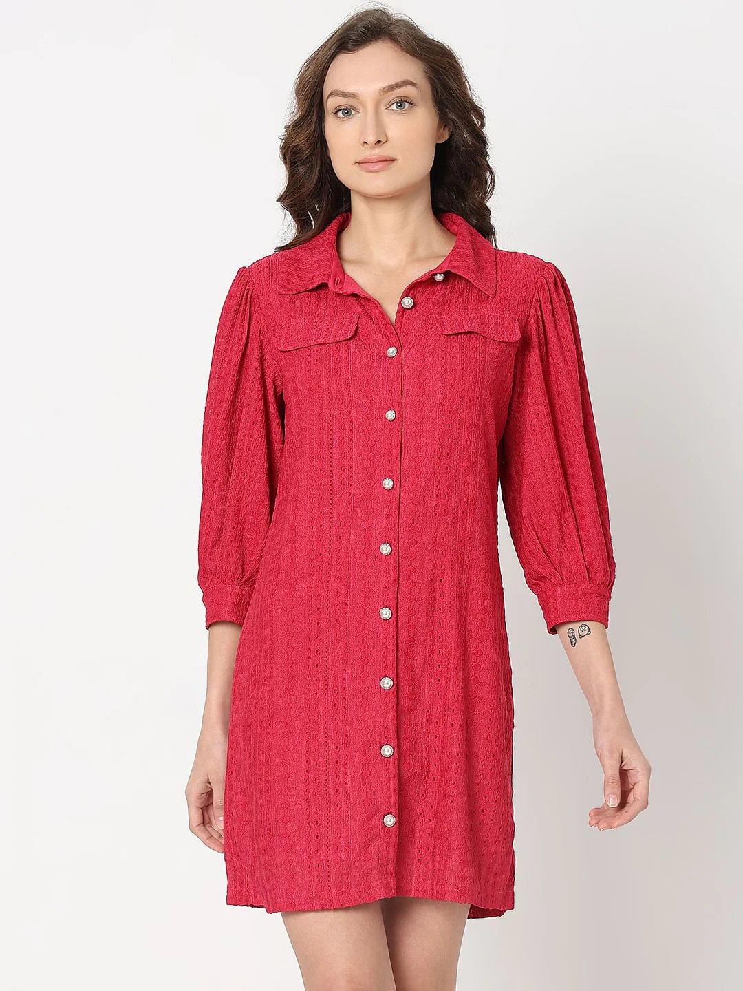 Red Schiffli Shirt Dress - Image 2