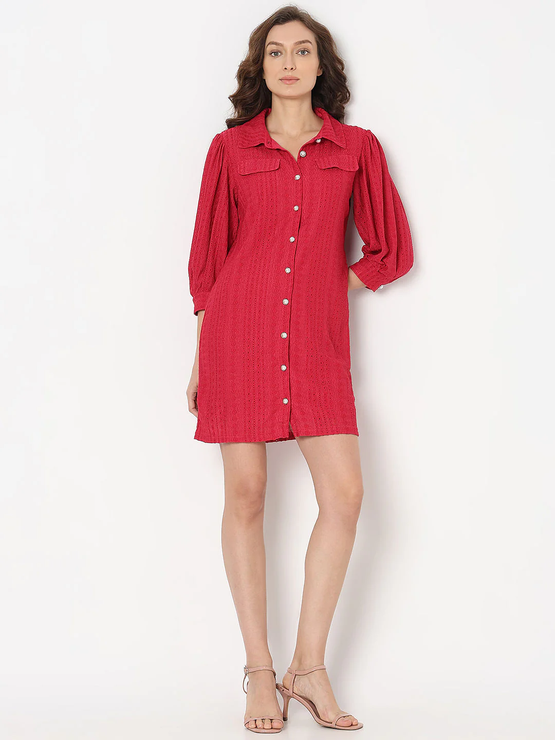 Red Schiffli Shirt Dress - Image 5
