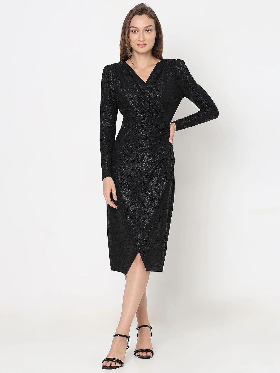 Black Shimmer Lurex Wrap Dress - Image 2